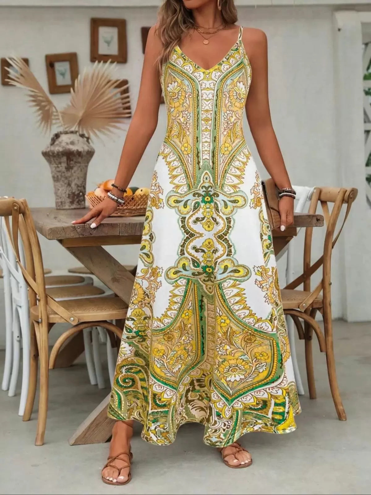 Floral Boho Backless Spaghetti Strap A-line Dress for Beach Holiday Vacation