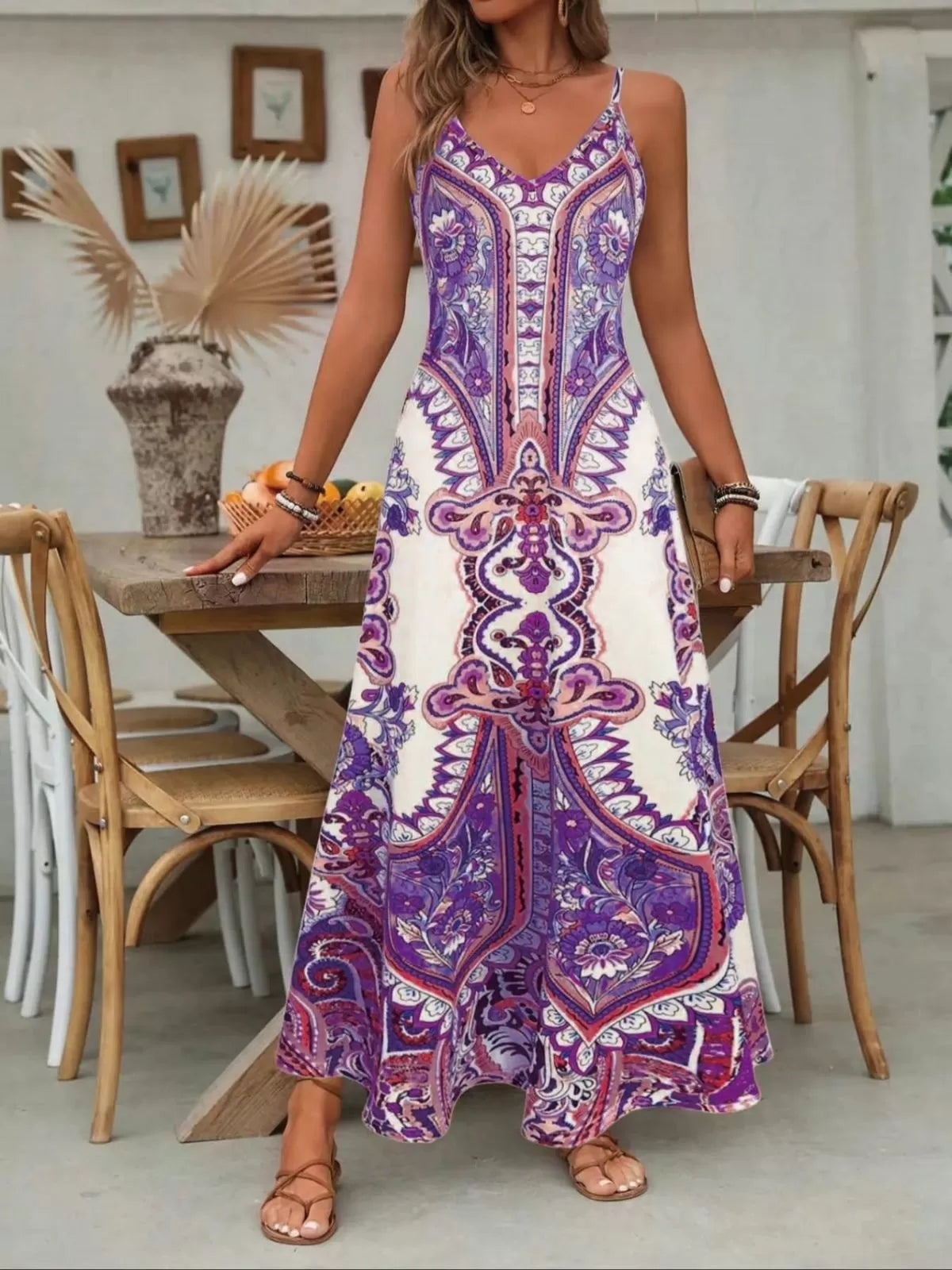 Floral Boho Backless Spaghetti Strap A-line Dress for Beach Holiday Vacation