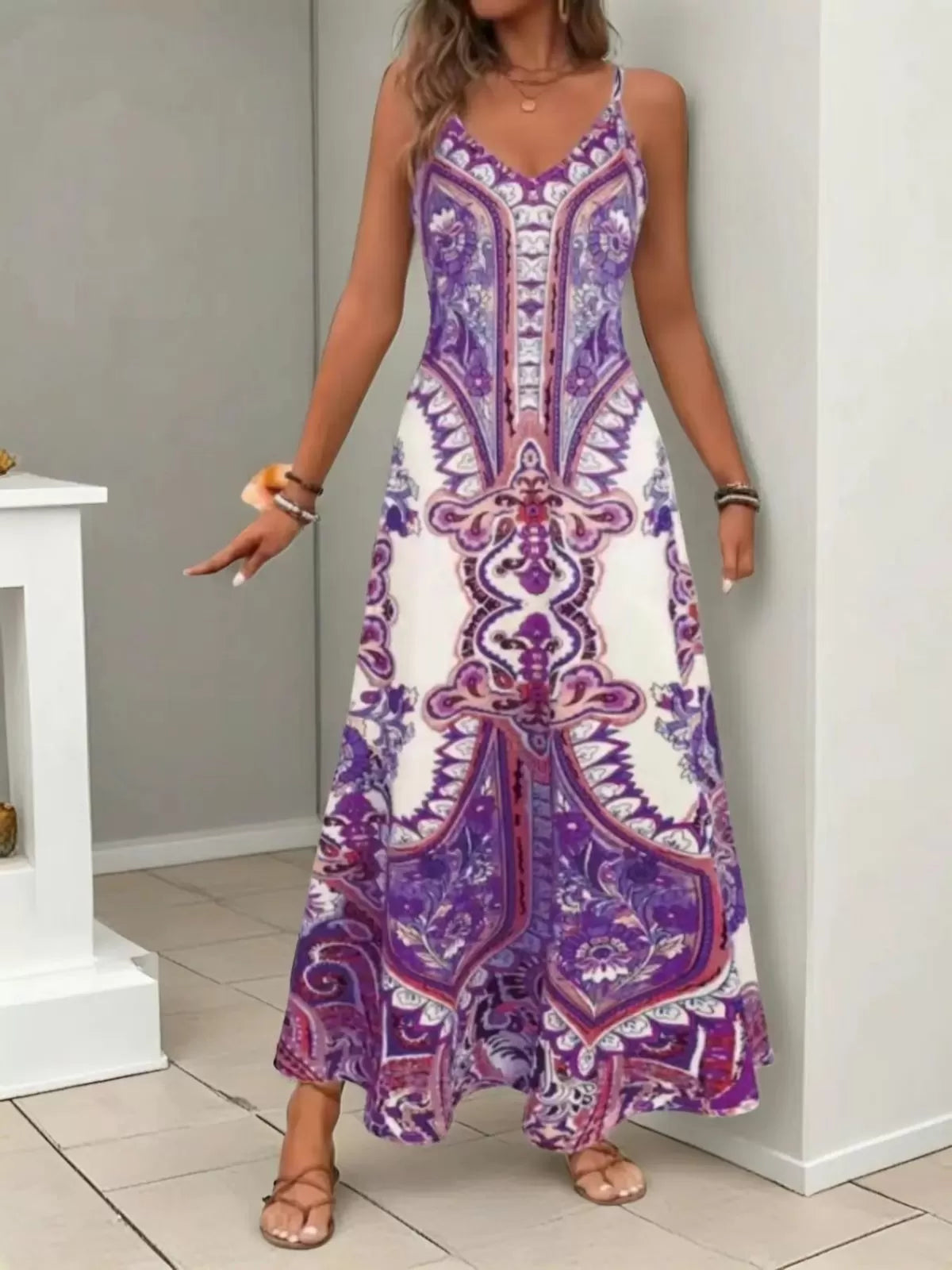 Floral Boho Backless Spaghetti Strap A-line Dress for Beach Holiday Vacation
