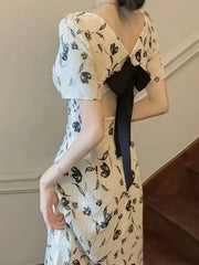 Floral Bow Backless Square Neck Lantern A-line Dress