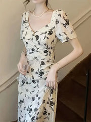 Floral Bow Backless Square Neck Lantern A-line Dress