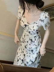 Floral Bow Backless Square Neck Lantern A-line Dress