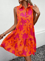 Floral Button Lapel A-line Dress