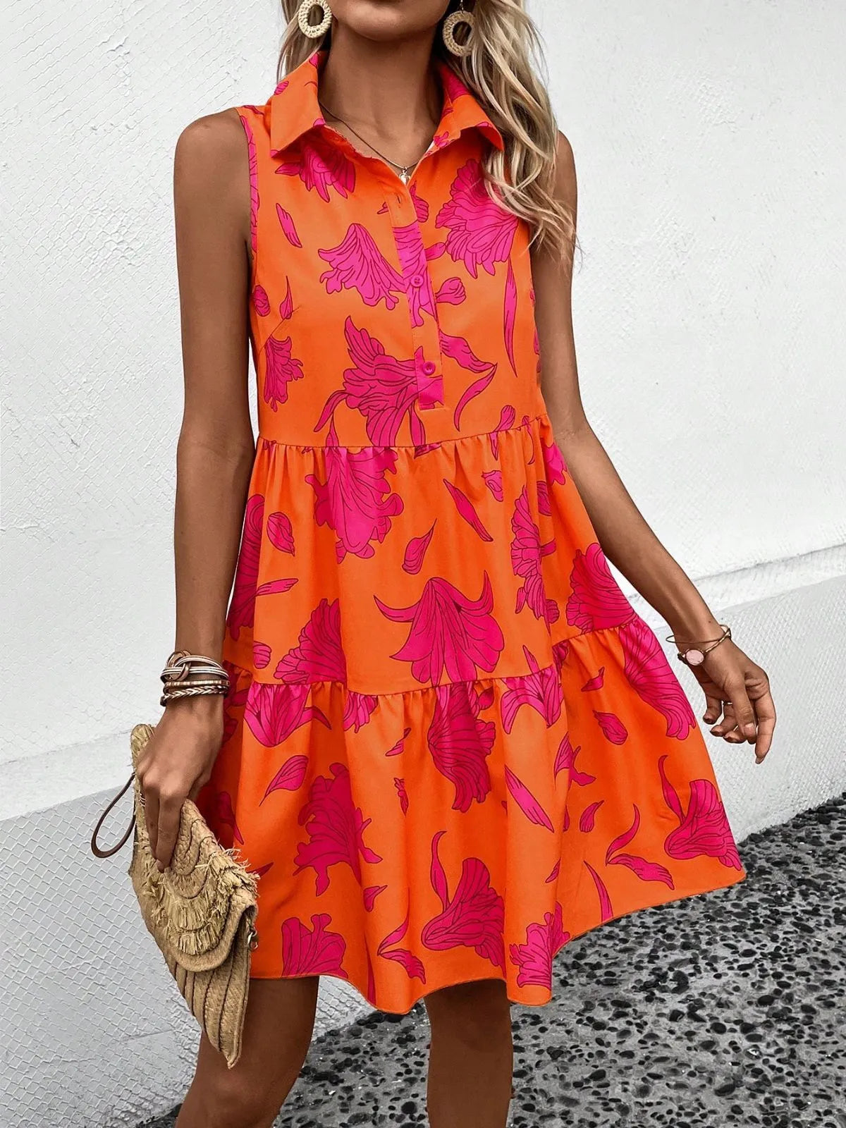 Floral Button Lapel A-line Dress