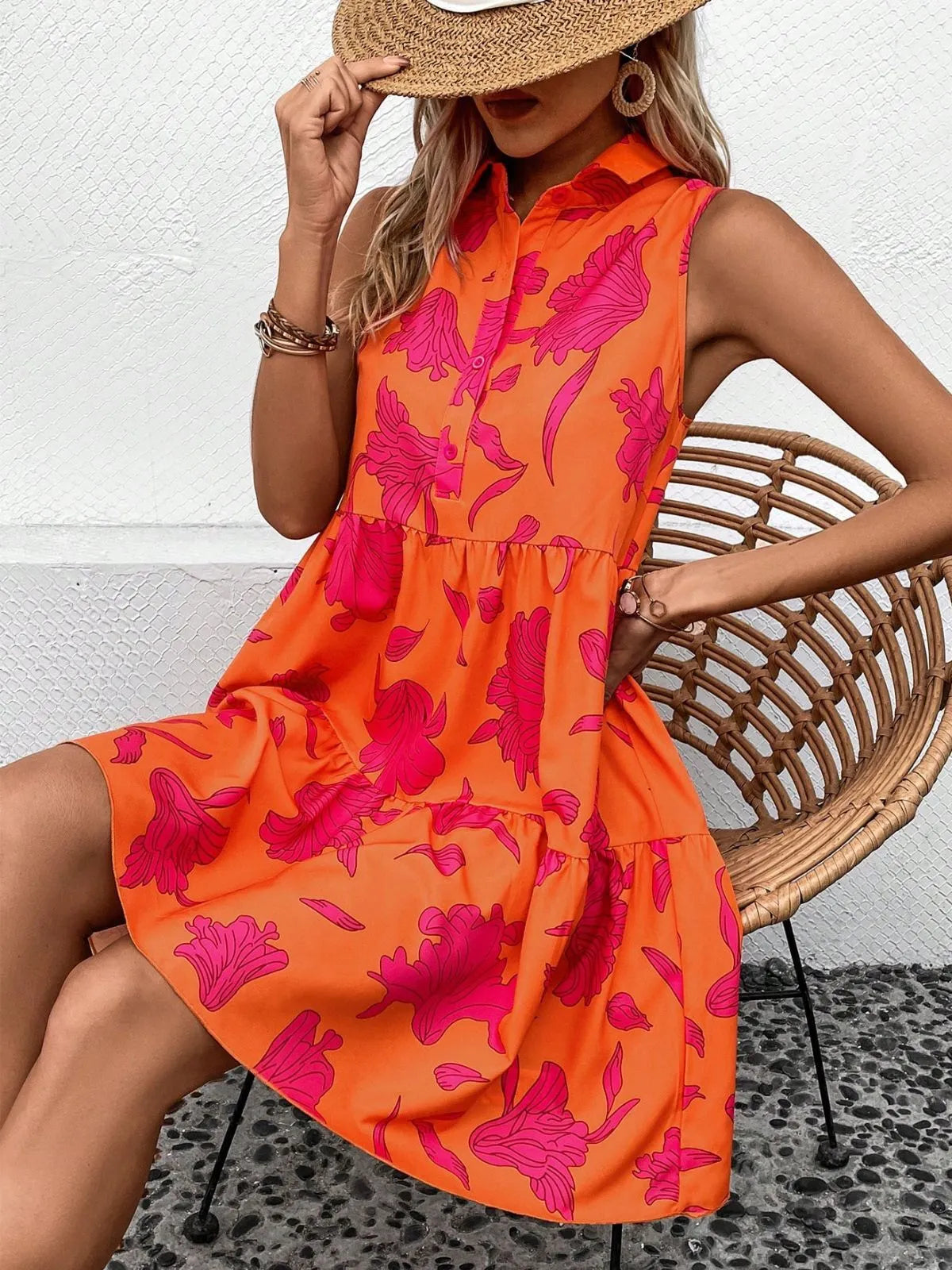 Floral Button Lapel A-line Dress