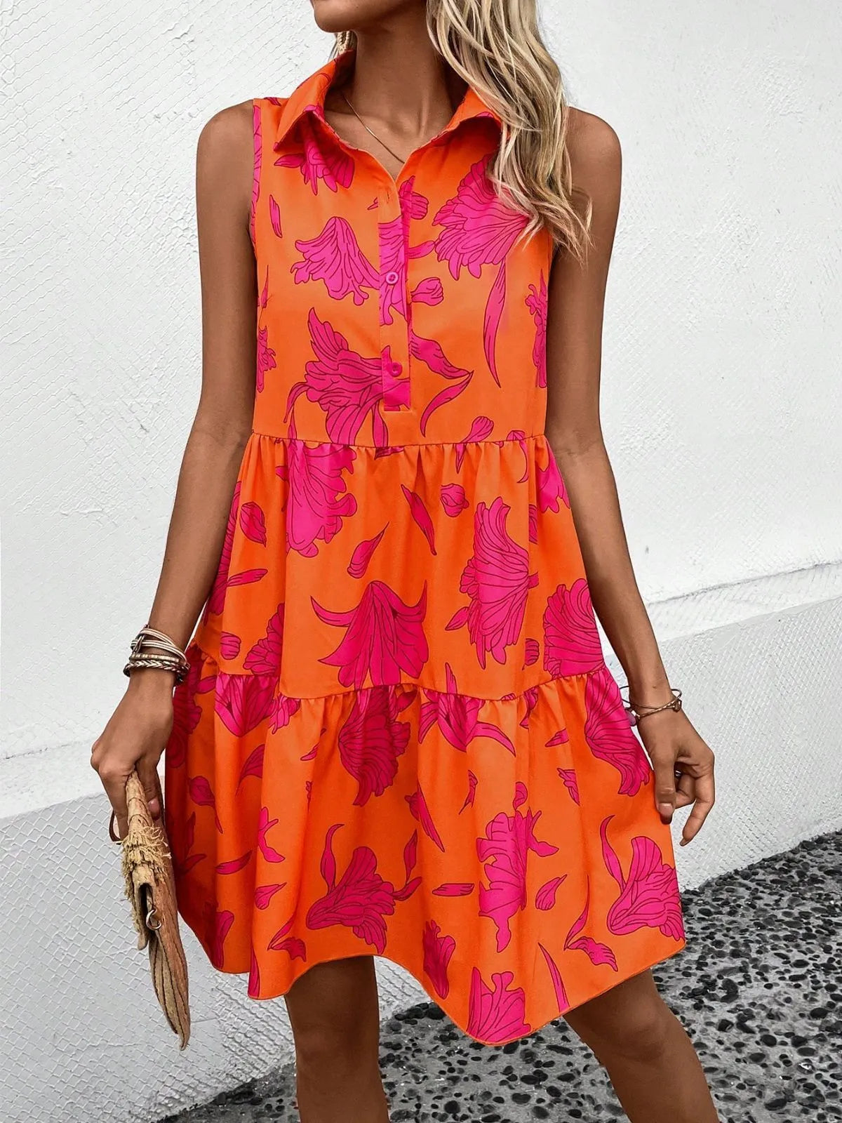 Floral Button Lapel A-line Dress