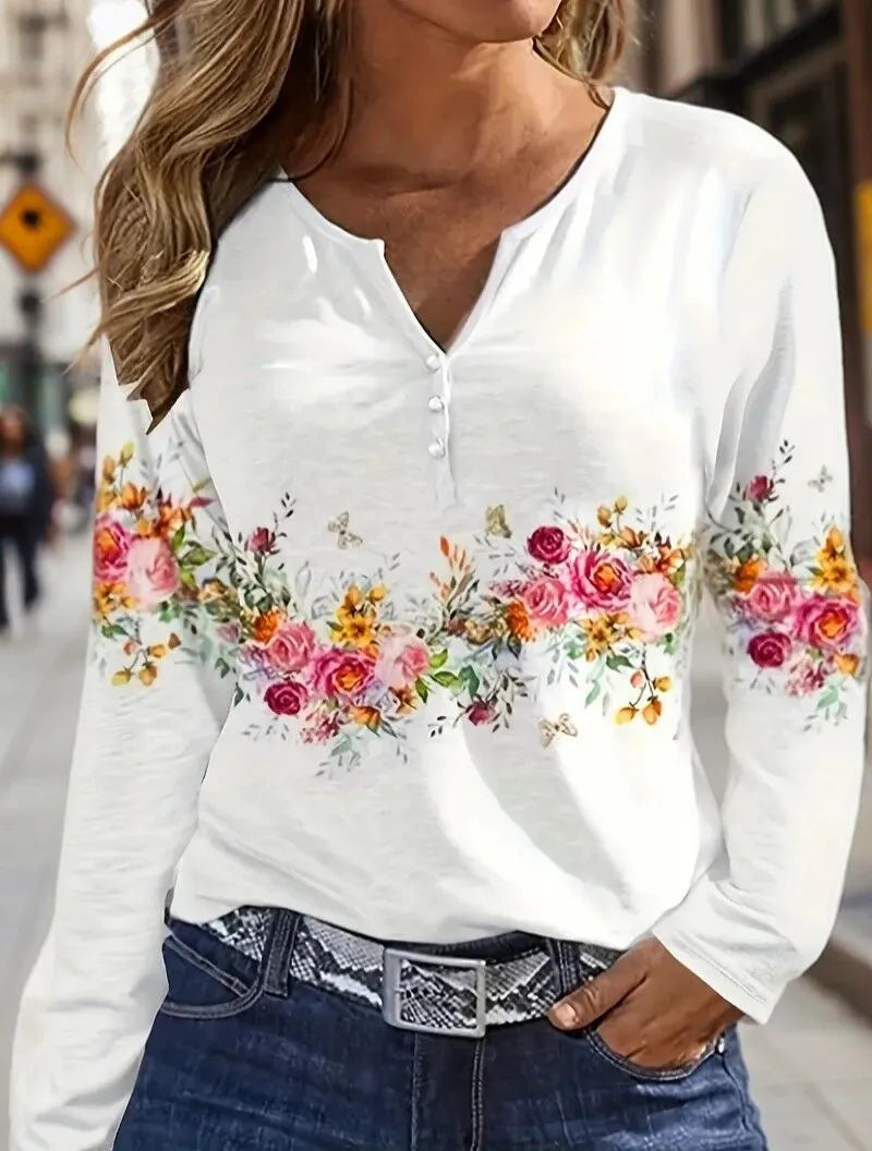 Floral Button Round Neck T-shirt