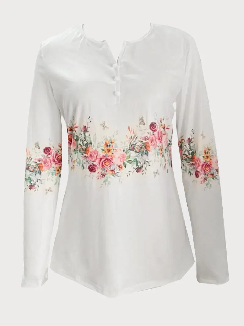 Floral Button Round Neck T-shirt
