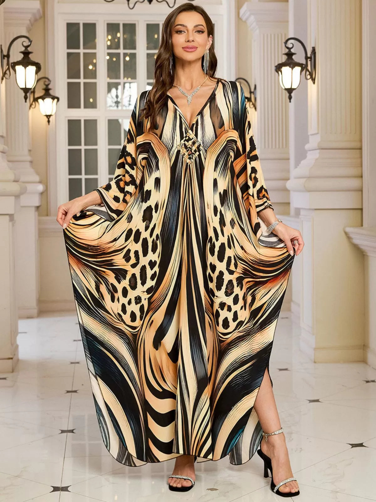 Floral Bohemian Deep V Neck Batwing Kaftan Dress for Beach Vacation Holiday