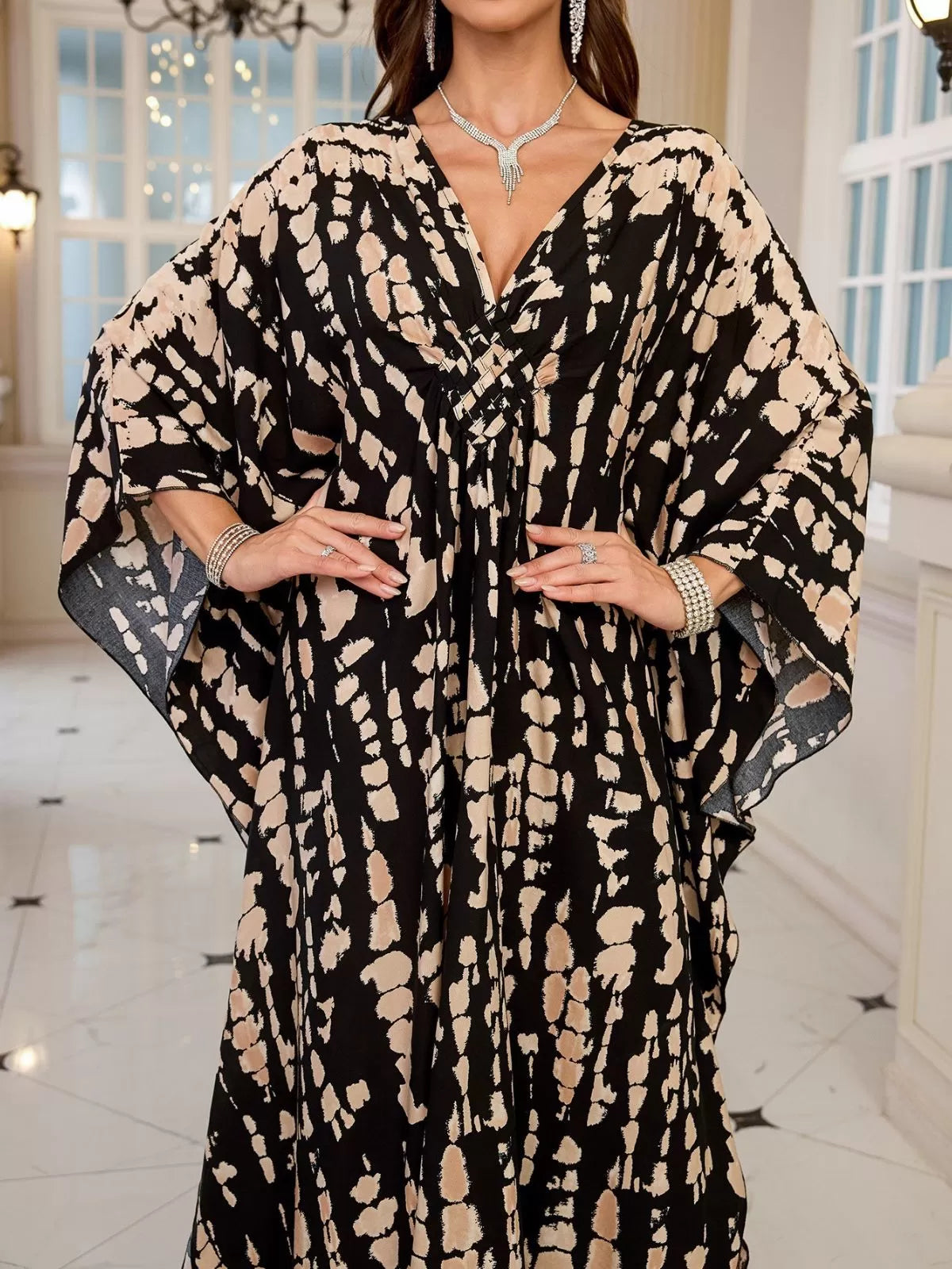 Floral Bohemian Deep V Neck Batwing Kaftan Dress for Beach Vacation Holiday