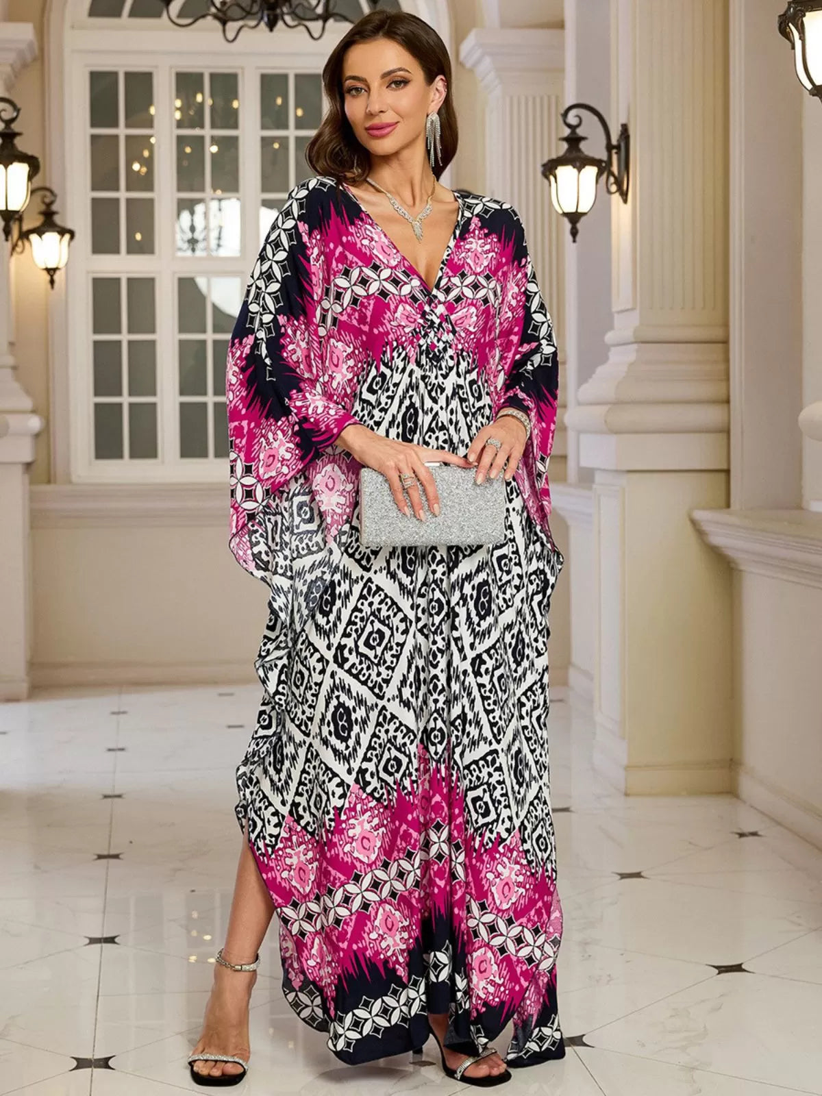 Floral Bohemian Deep V Neck Batwing Kaftan Dress for Beach Vacation Holiday
