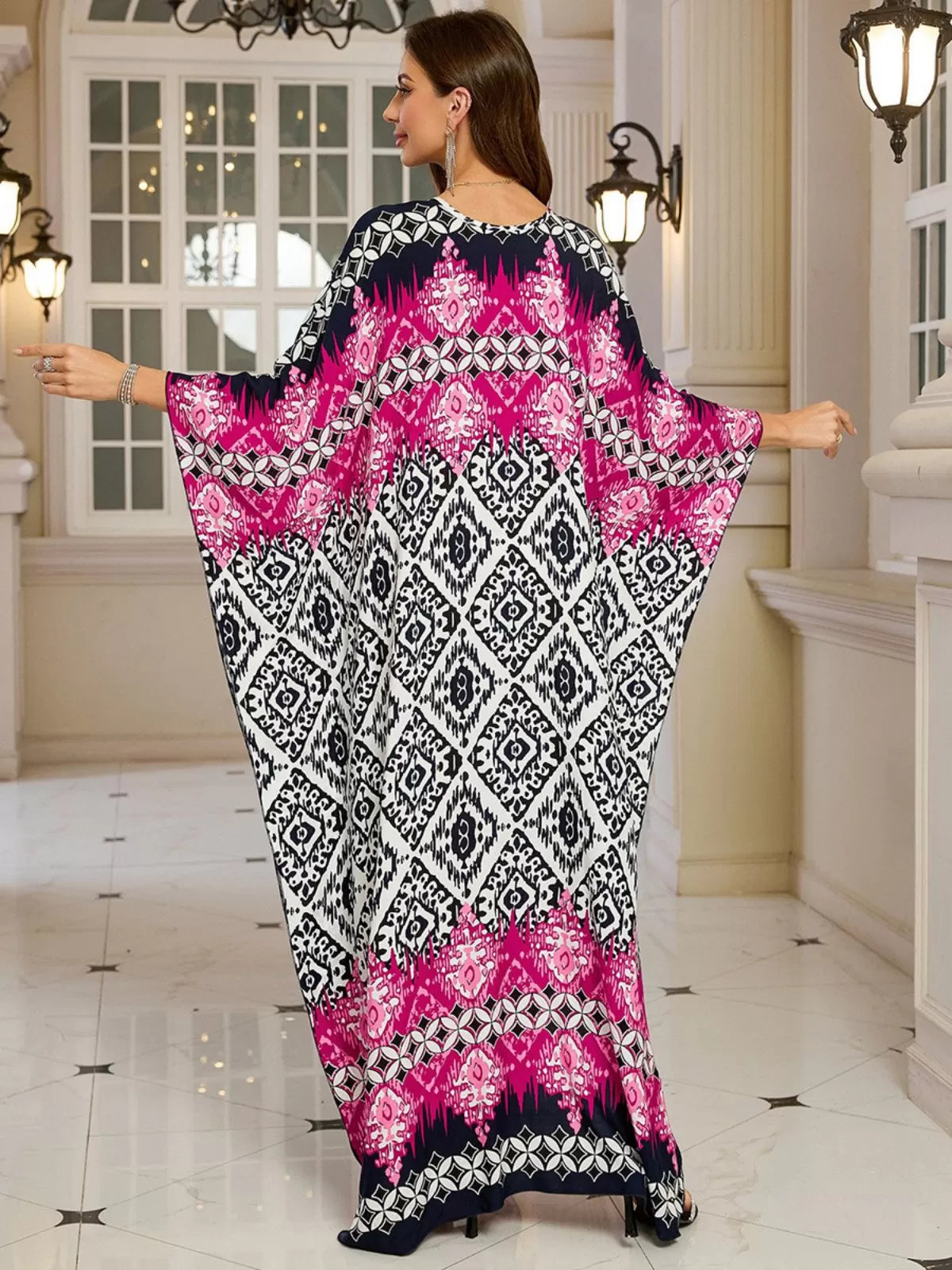 Floral Bohemian Deep V Neck Batwing Kaftan Dress for Beach Vacation Holiday