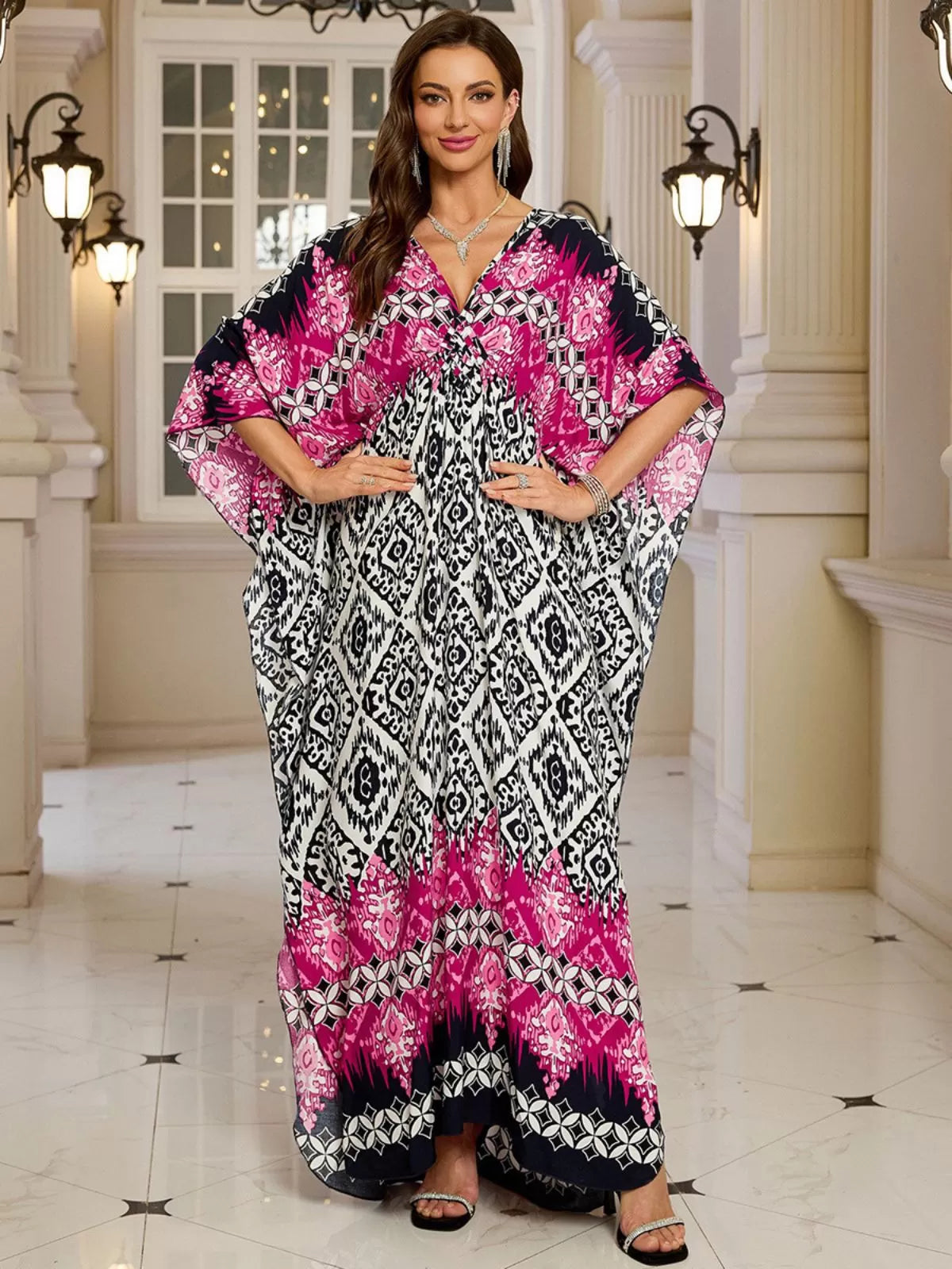 Floral Bohemian Deep V Neck Batwing Kaftan Dress for Beach Vacation Holiday
