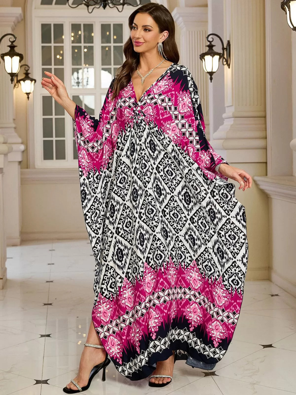 Floral Bohemian Deep V Neck Batwing Kaftan Dress for Beach Vacation Holiday