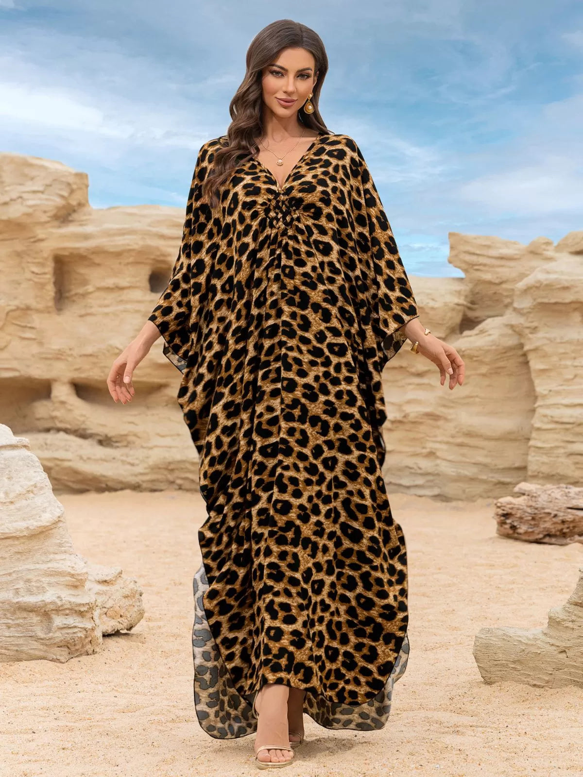 Floral Bohemian Deep V Neck Batwing Kaftan Dress for Beach Vacation Holiday
