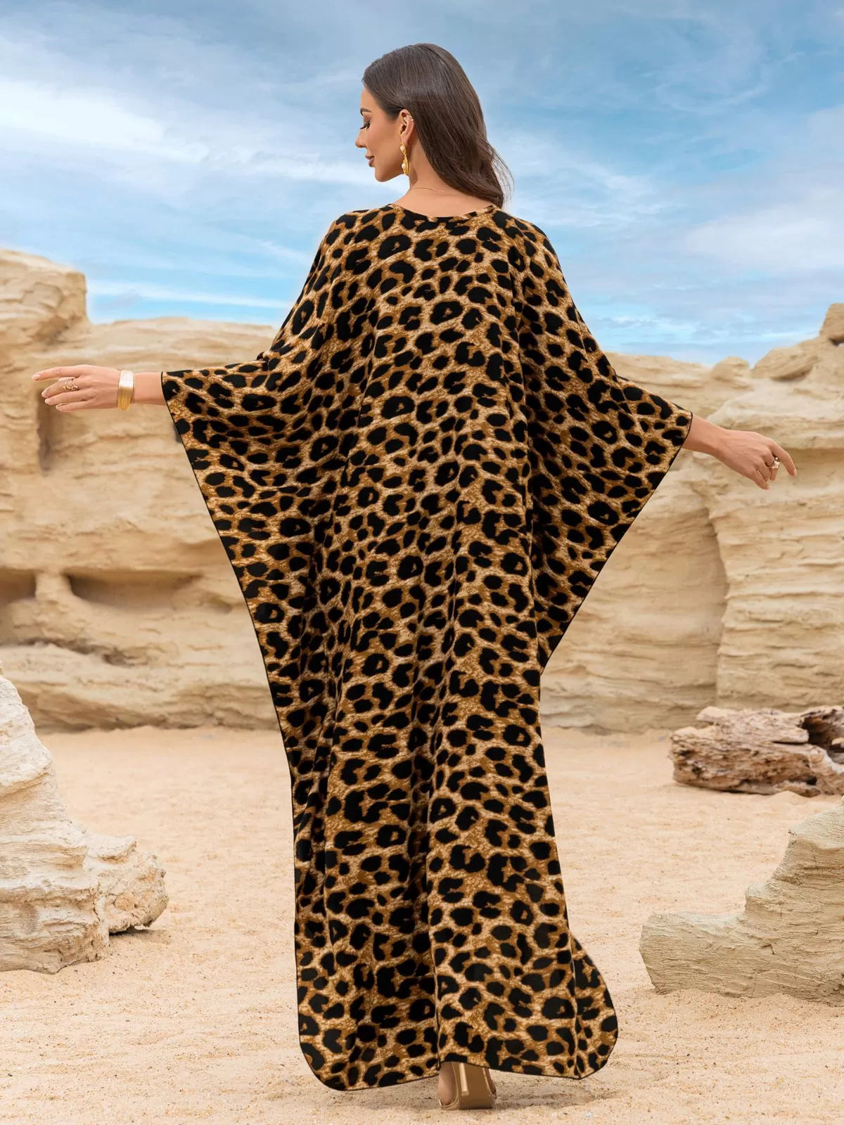 Floral Bohemian Deep V Neck Batwing Kaftan Dress for Beach Vacation Holiday