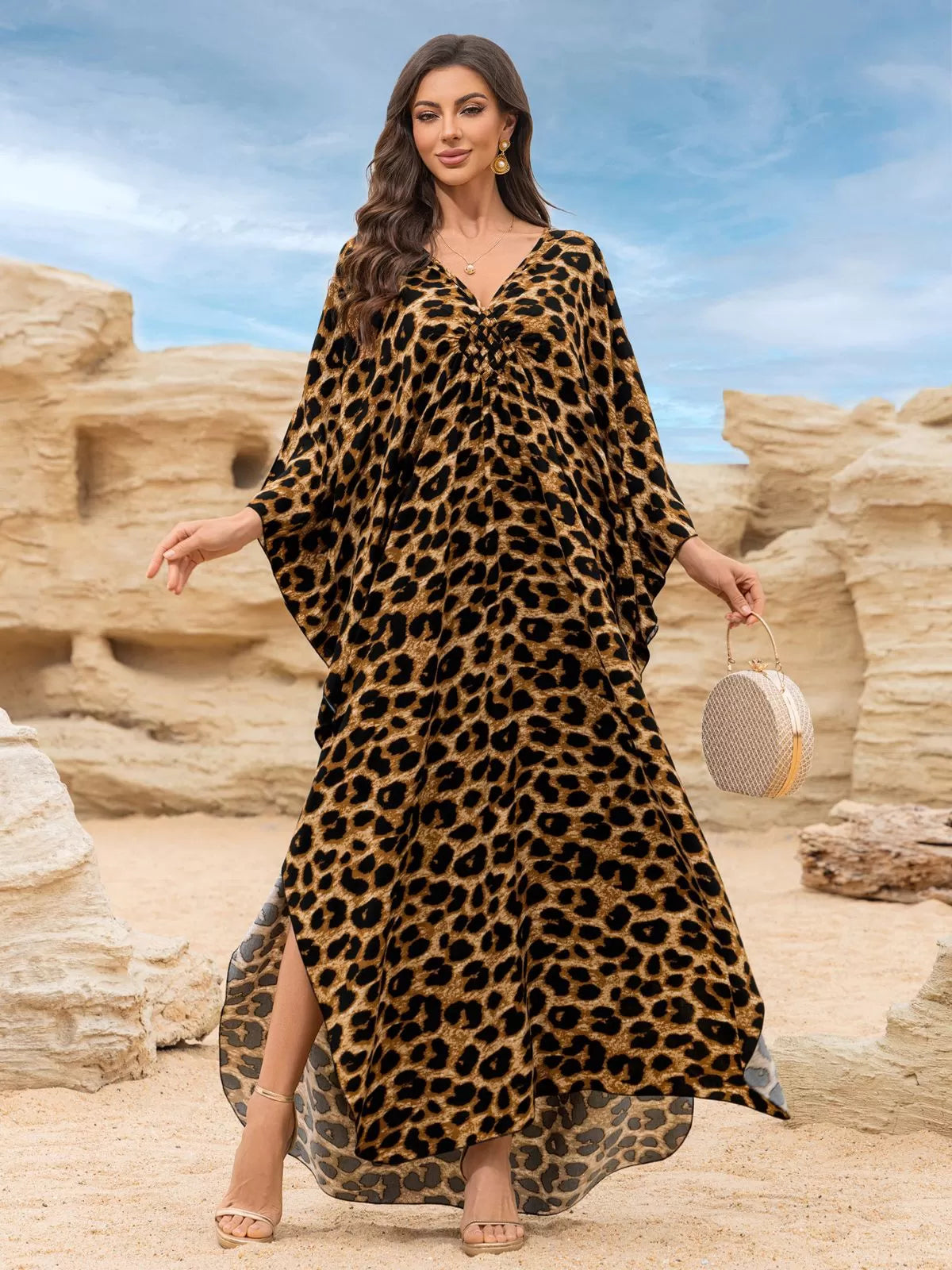 Floral Bohemian Deep V Neck Batwing Kaftan Dress for Beach Vacation Holiday