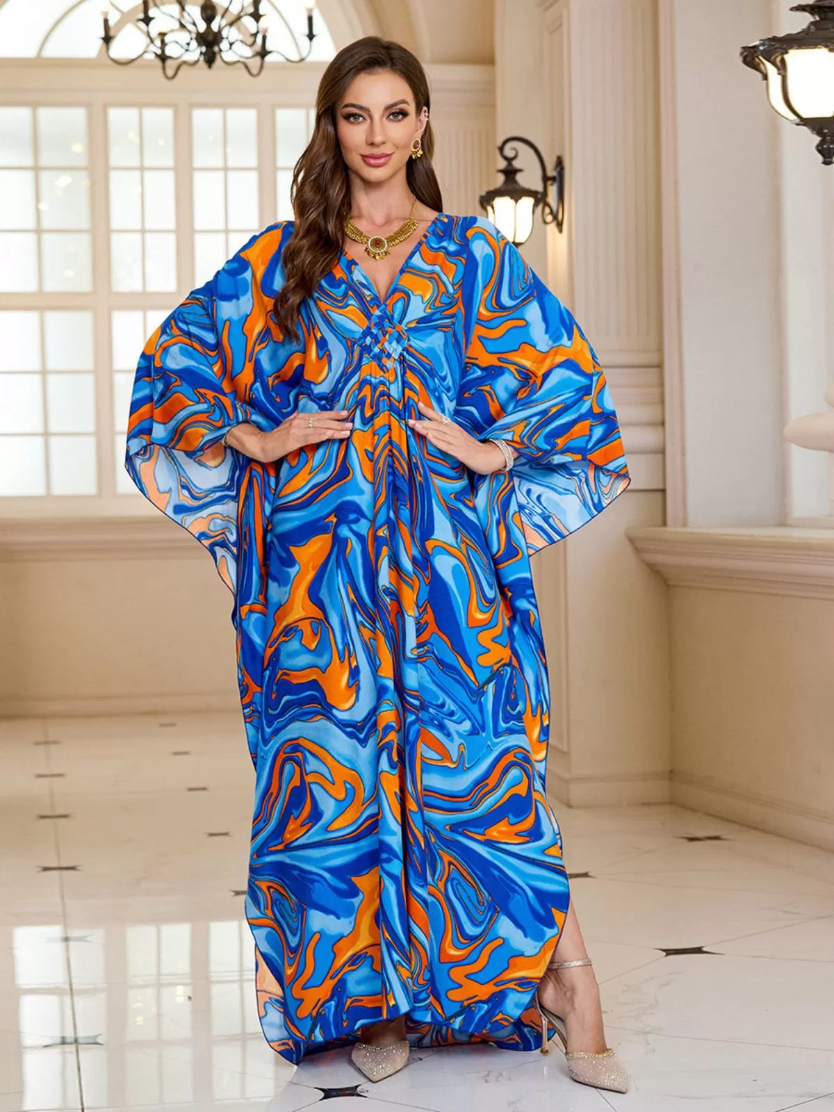 Floral Bohemian Deep V Neck Batwing Kaftan Dress for Beach Vacation Holiday