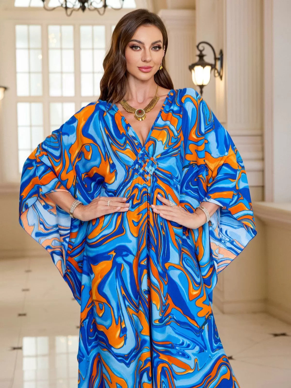 Floral Bohemian Deep V Neck Batwing Kaftan Dress for Beach Vacation Holiday