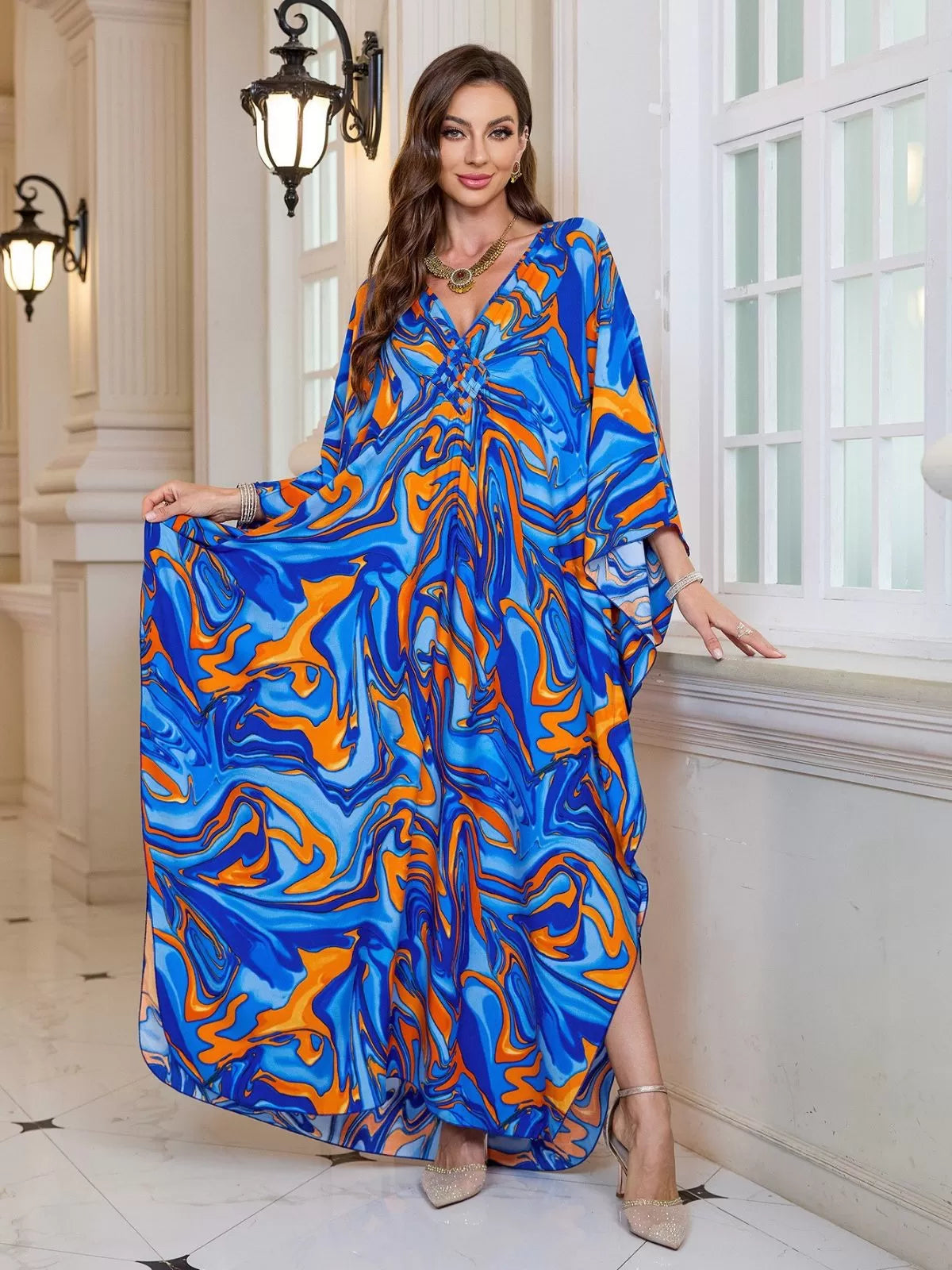 Floral Bohemian Deep V Neck Batwing Kaftan Dress for Beach Vacation Holiday