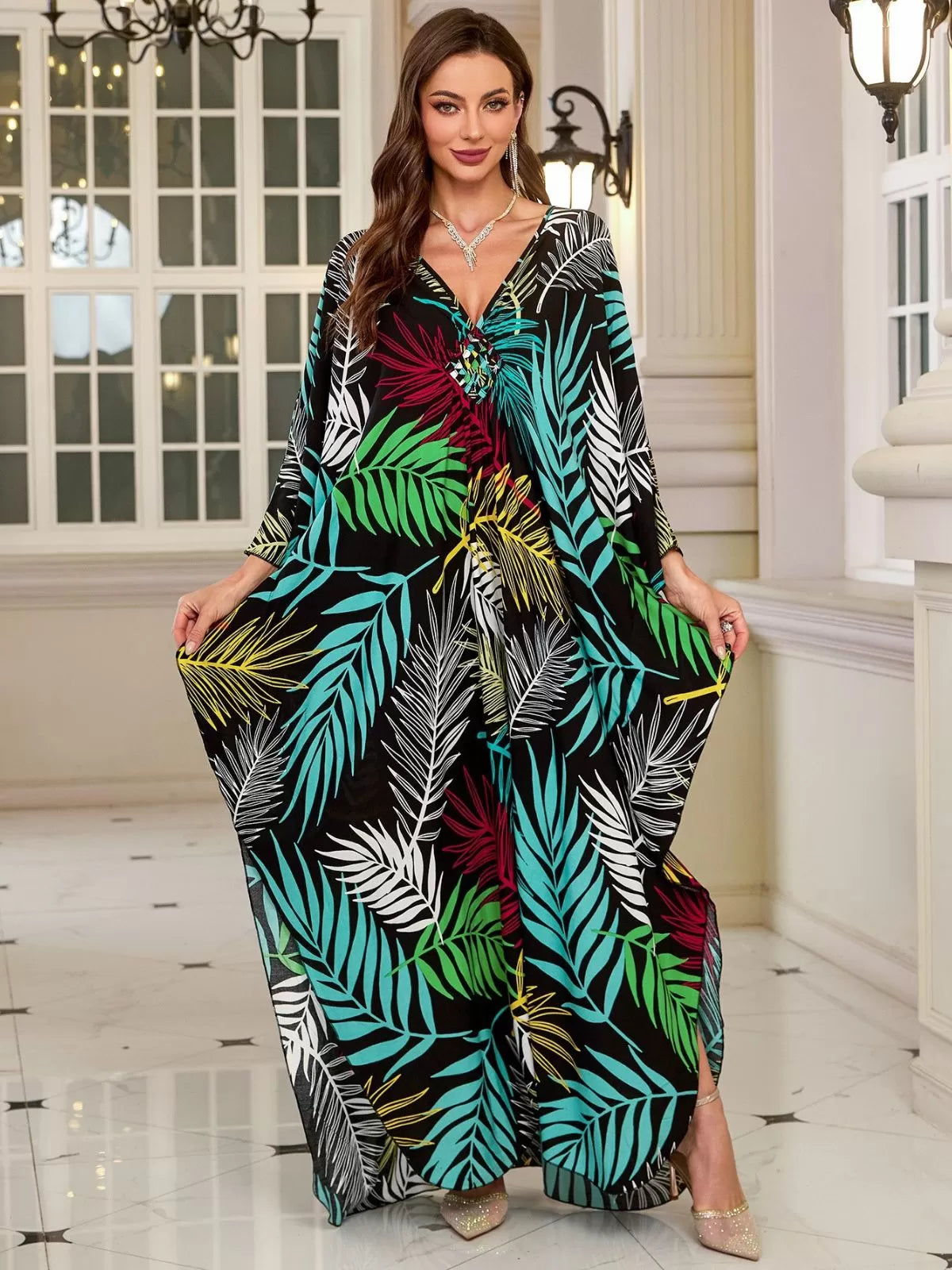 Floral Bohemian Deep V Neck Batwing Kaftan Dress for Beach Vacation Holiday