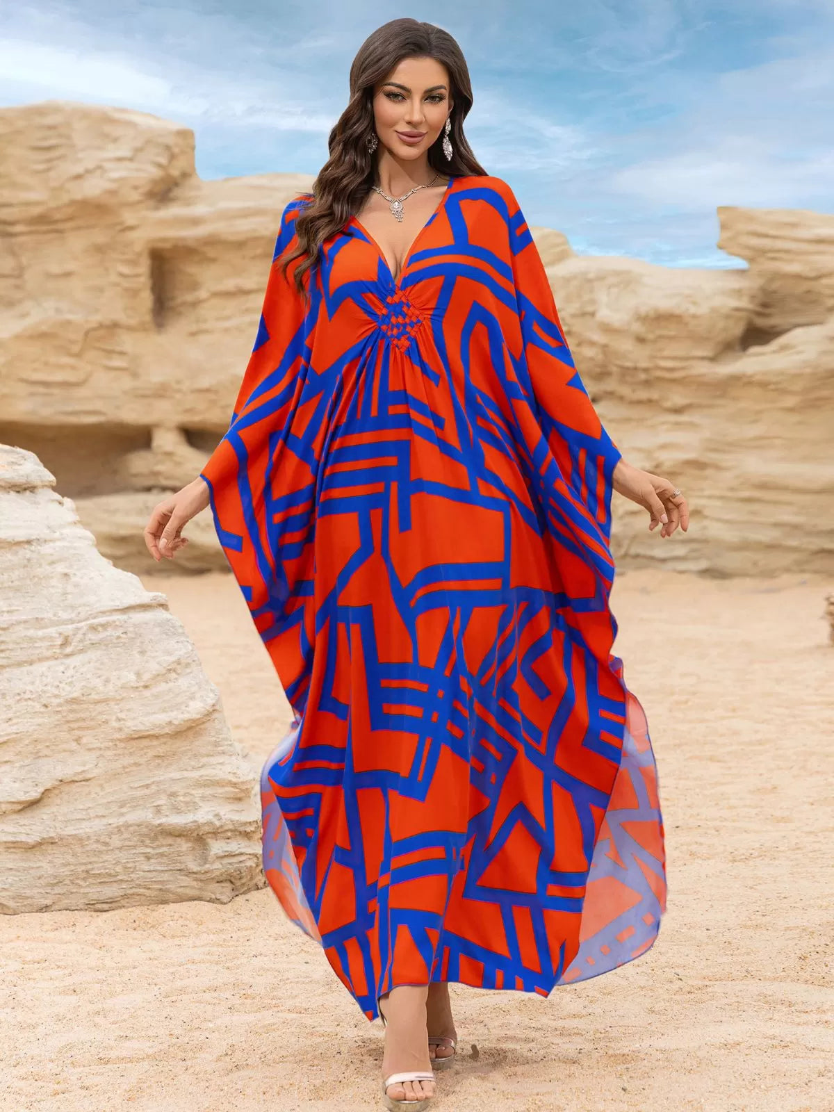 Floral Bohemian Deep V Neck Batwing Kaftan Dress for Beach Vacation Holiday