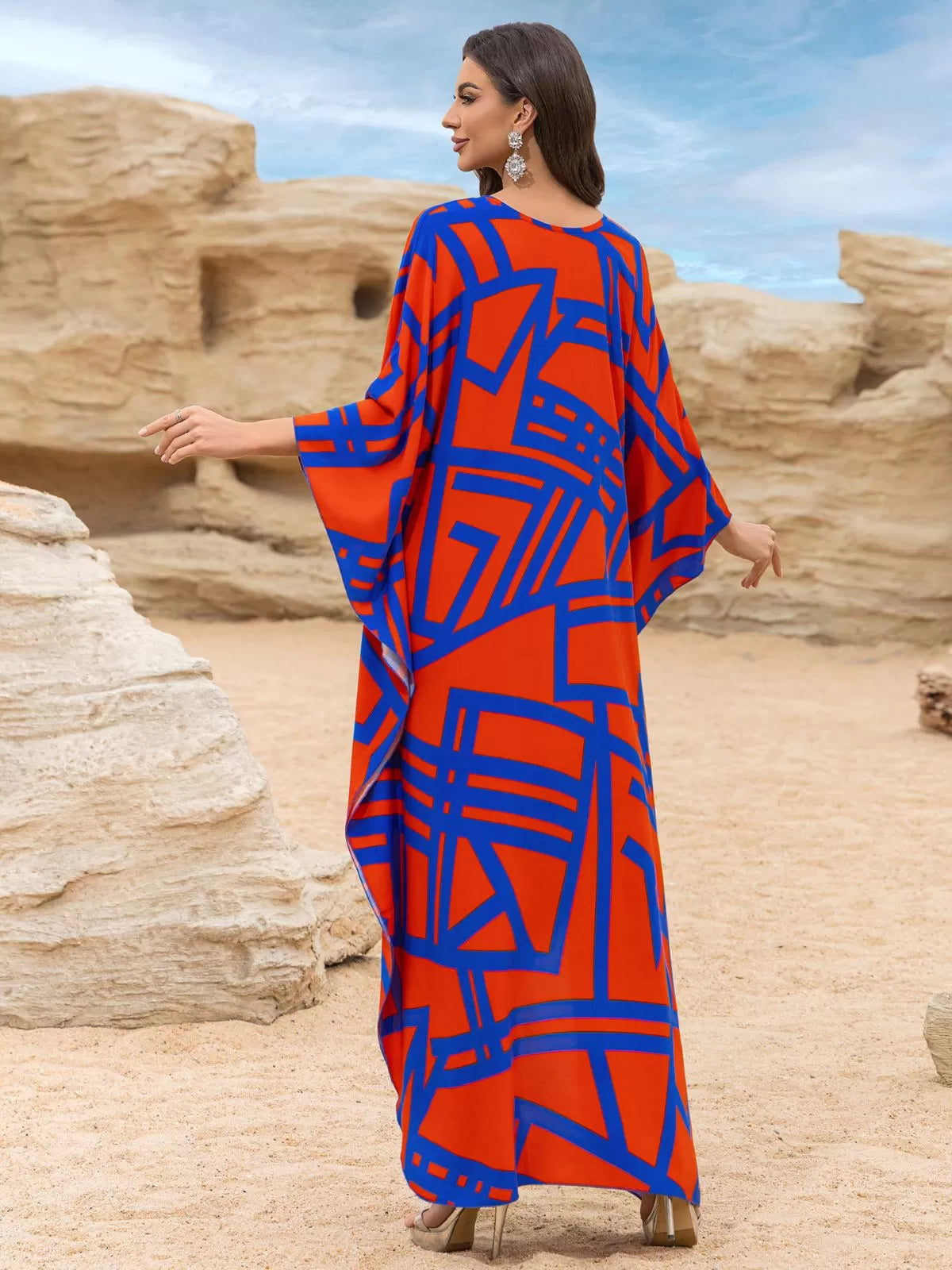 Floral Bohemian Deep V Neck Batwing Kaftan Dress for Beach Vacation Holiday