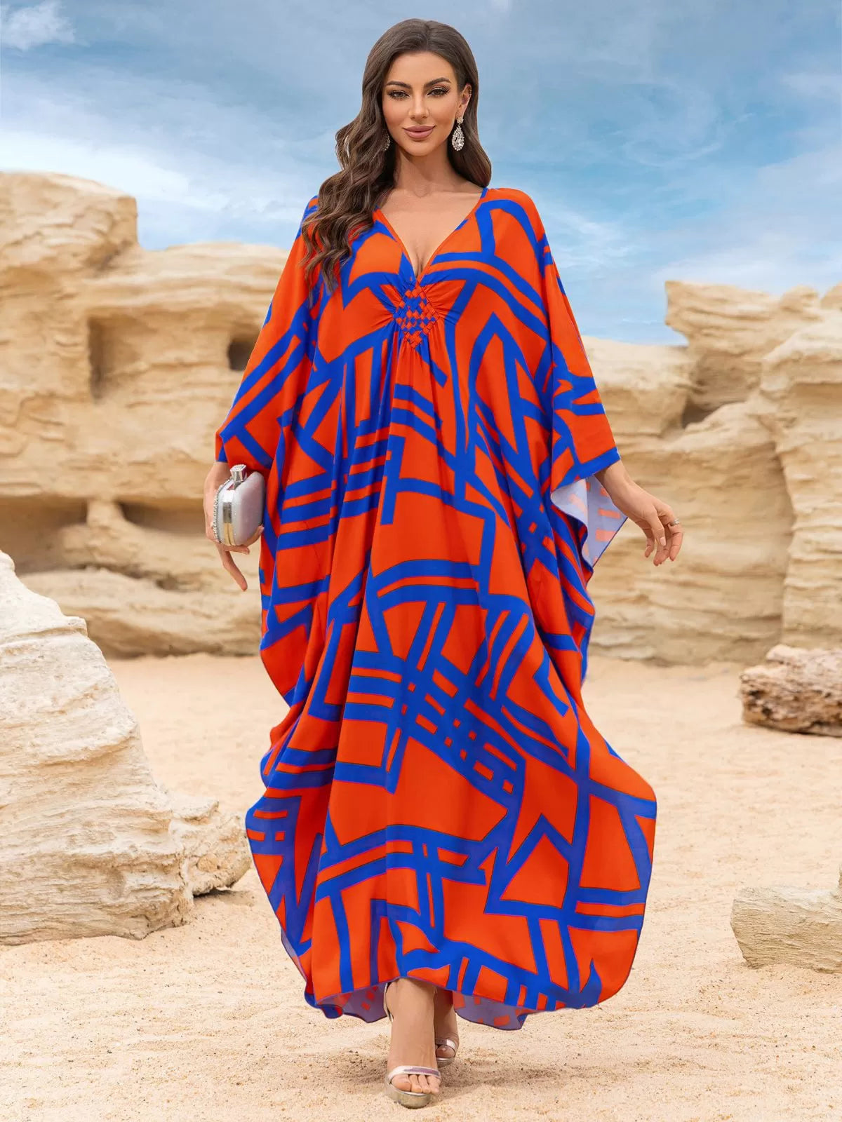 Floral Bohemian Deep V Neck Batwing Kaftan Dress for Beach Vacation Holiday