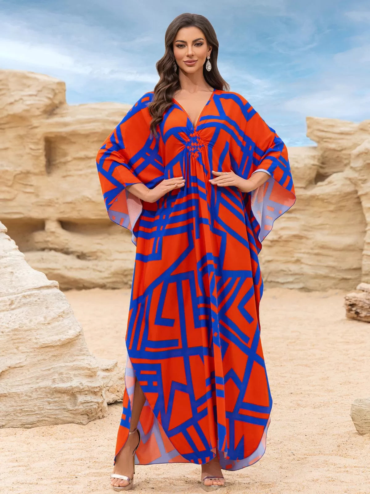 Floral Bohemian Deep V Neck Batwing Kaftan Dress for Beach Vacation Holiday
