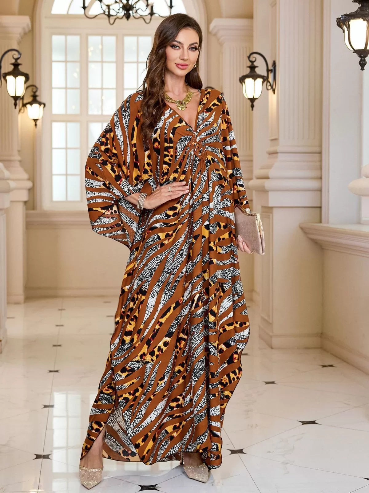 Floral Bohemian Deep V Neck Batwing Kaftan Dress for Beach Vacation Holiday