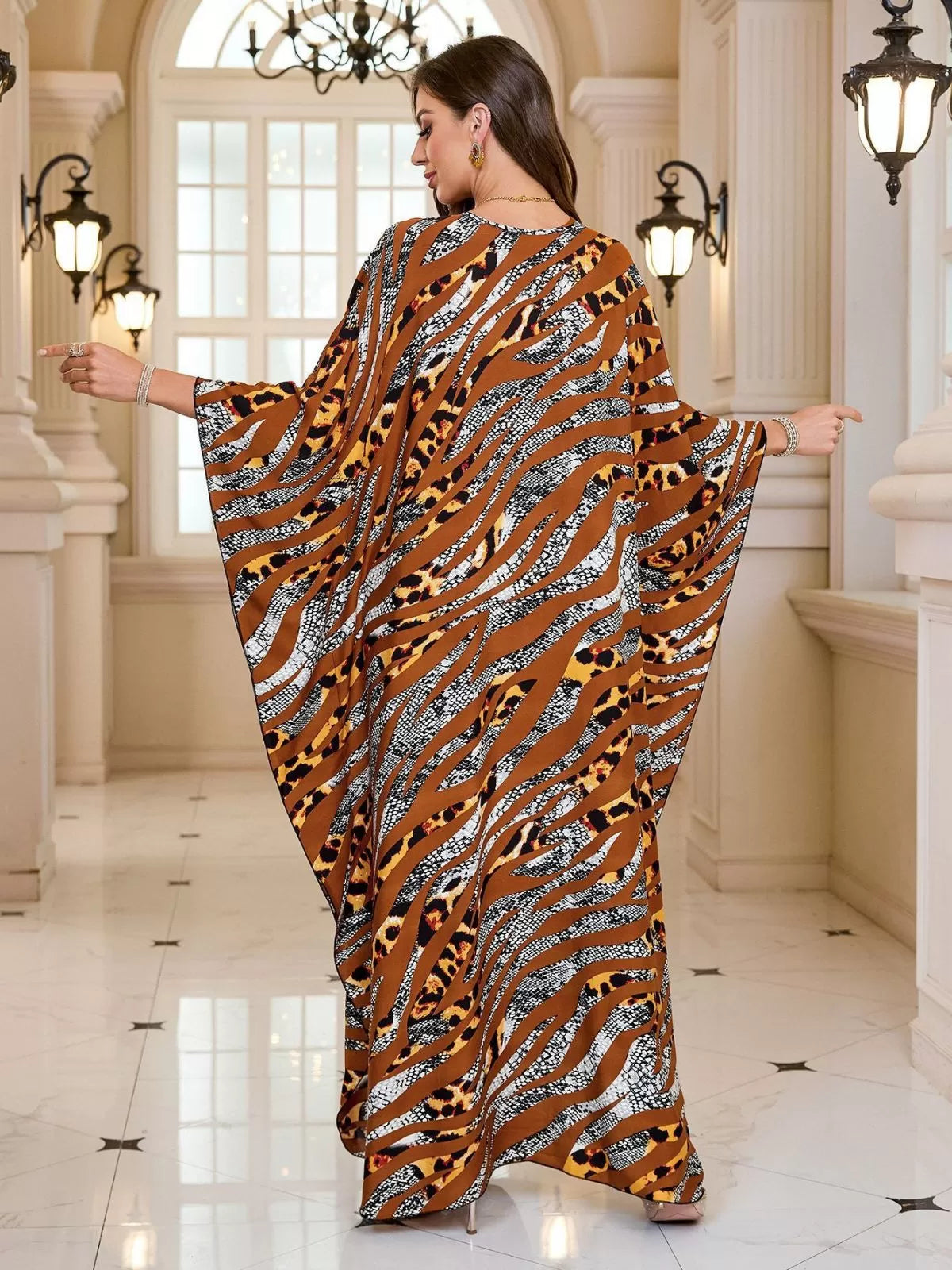 Floral Bohemian Deep V Neck Batwing Kaftan Dress for Beach Vacation Holiday