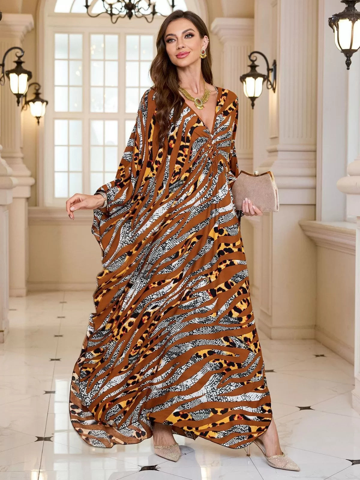 Floral Bohemian Deep V Neck Batwing Kaftan Dress for Beach Vacation Holiday