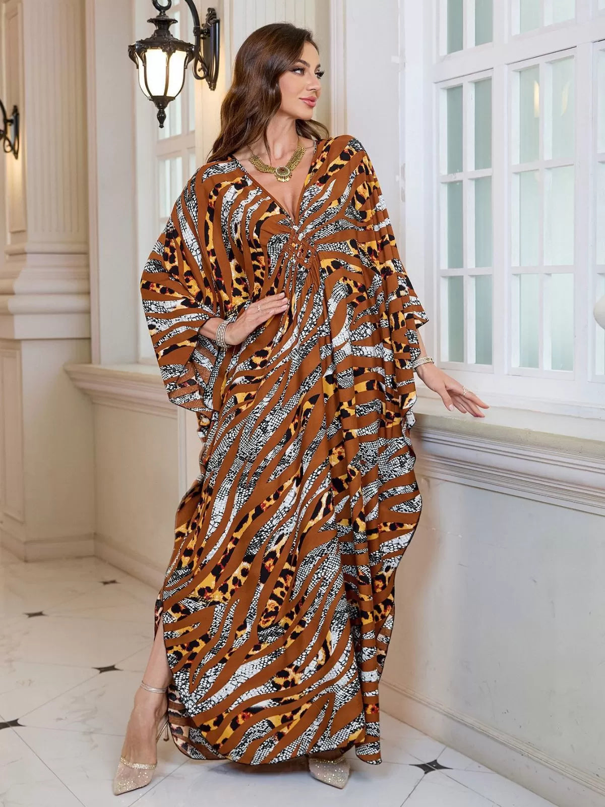 Floral Bohemian Deep V Neck Batwing Kaftan Dress for Beach Vacation Holiday
