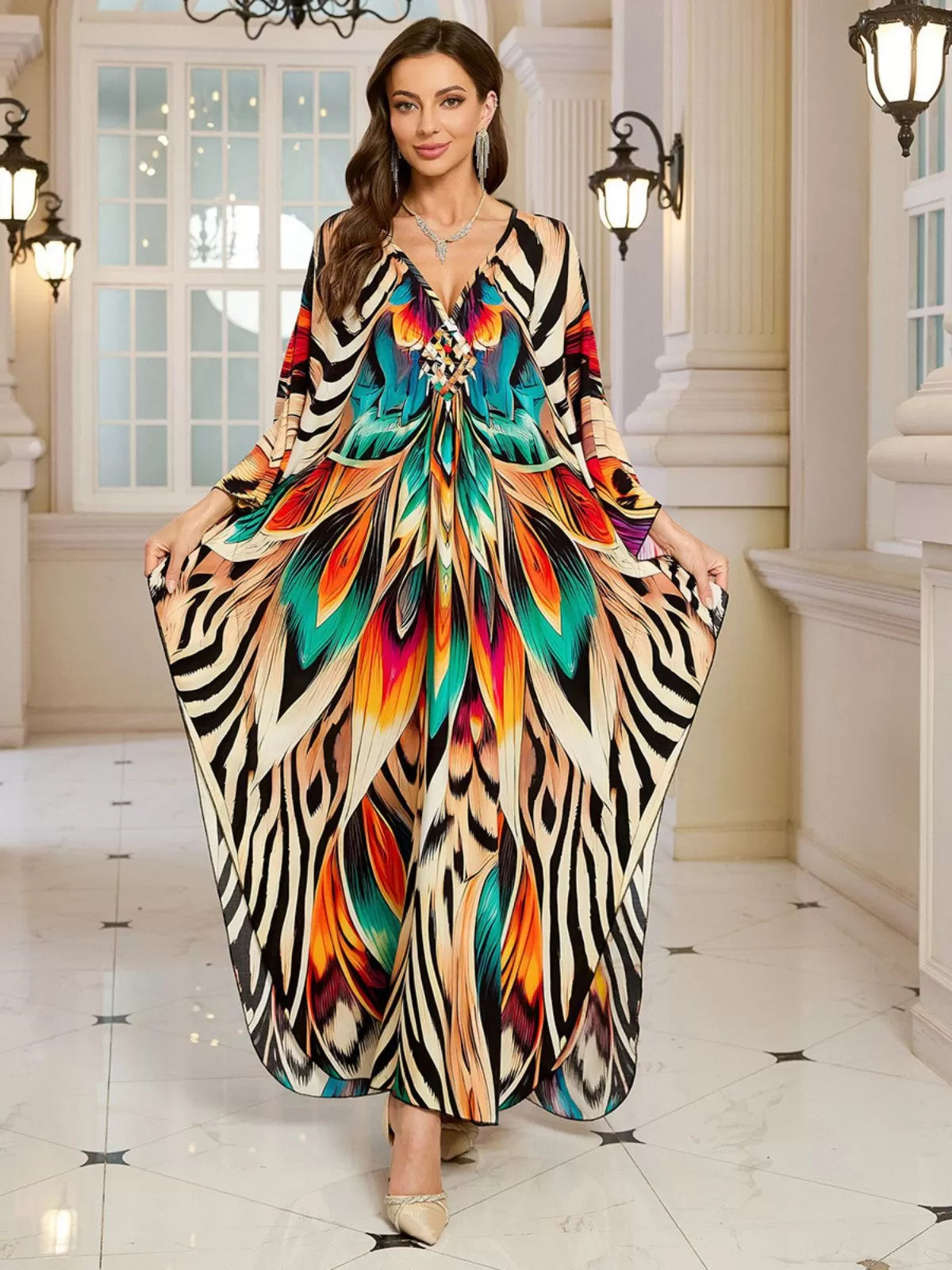 Floral Bohemian Deep V Neck Batwing Kaftan Dress for Beach Vacation Holiday