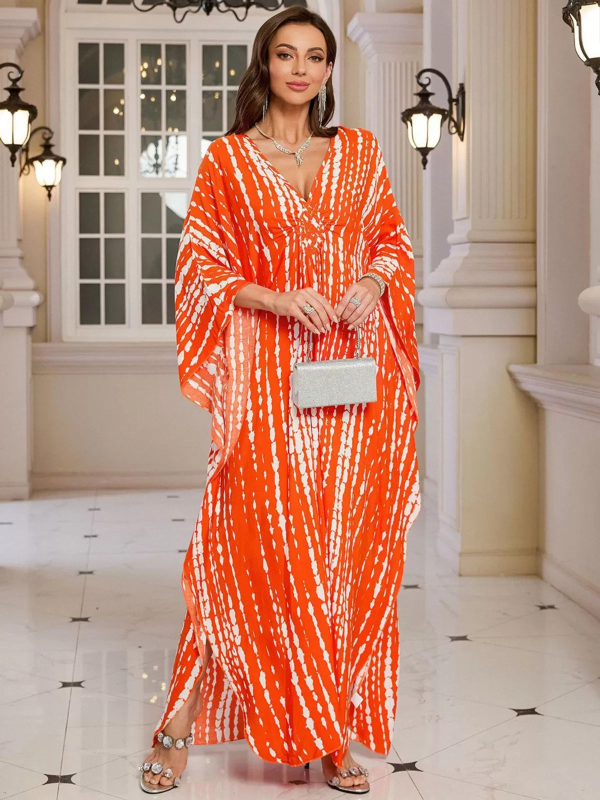Floral Bohemian Deep V Neck Batwing Kaftan Dress for Beach Vacation Holiday