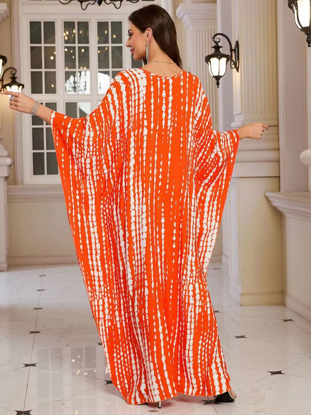 Floral Bohemian Deep V Neck Batwing Kaftan Dress for Beach Vacation Holiday