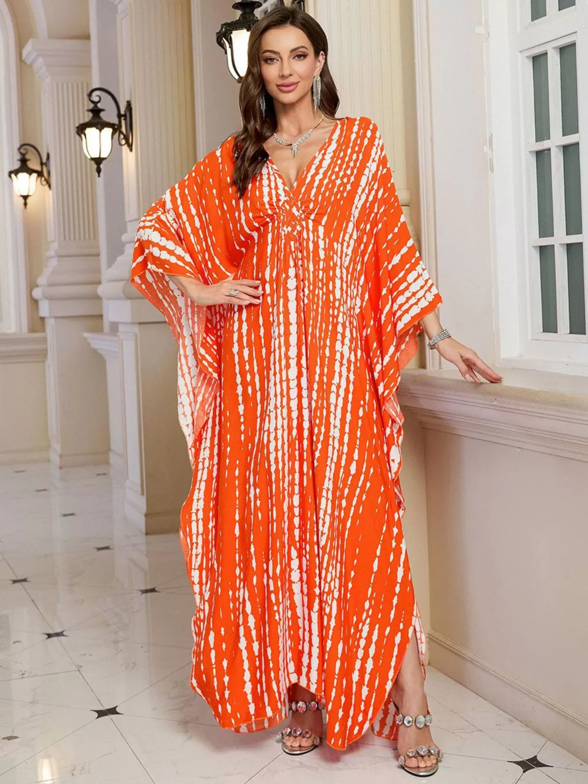 Floral Bohemian Deep V Neck Batwing Kaftan Dress for Beach Vacation Holiday