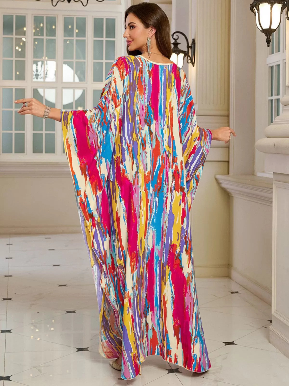 Floral Bohemian Deep V Neck Batwing Kaftan Dress for Beach Vacation Holiday