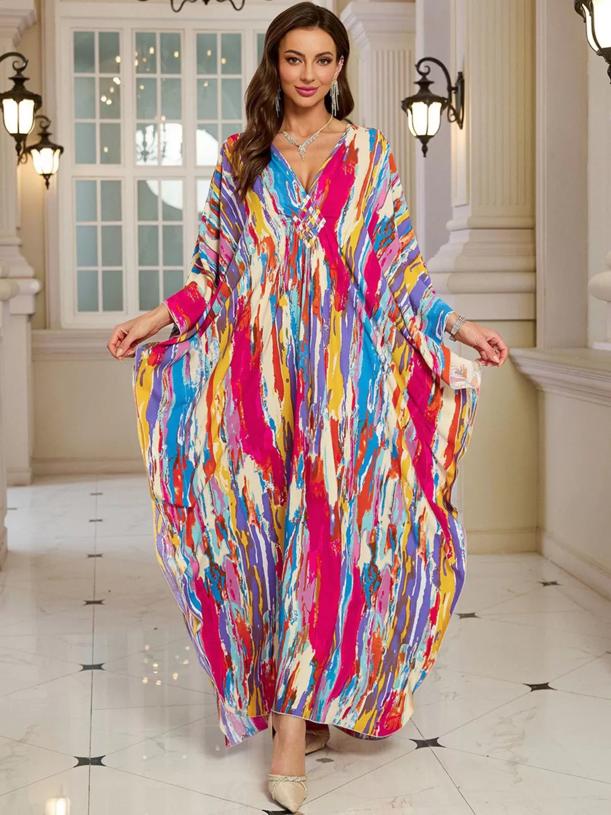Floral Bohemian Deep V Neck Batwing Kaftan Dress for Beach Vacation Holiday