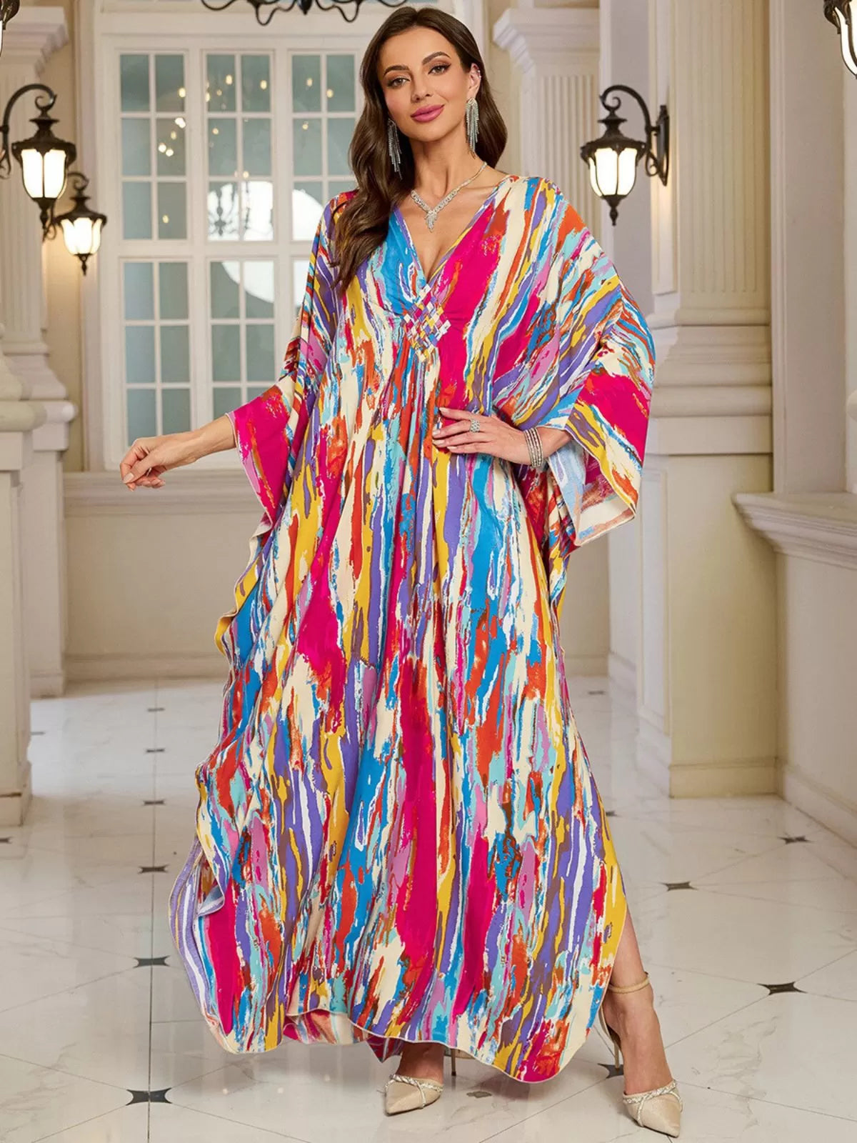 Floral Bohemian Deep V Neck Batwing Kaftan Dress for Beach Vacation Holiday