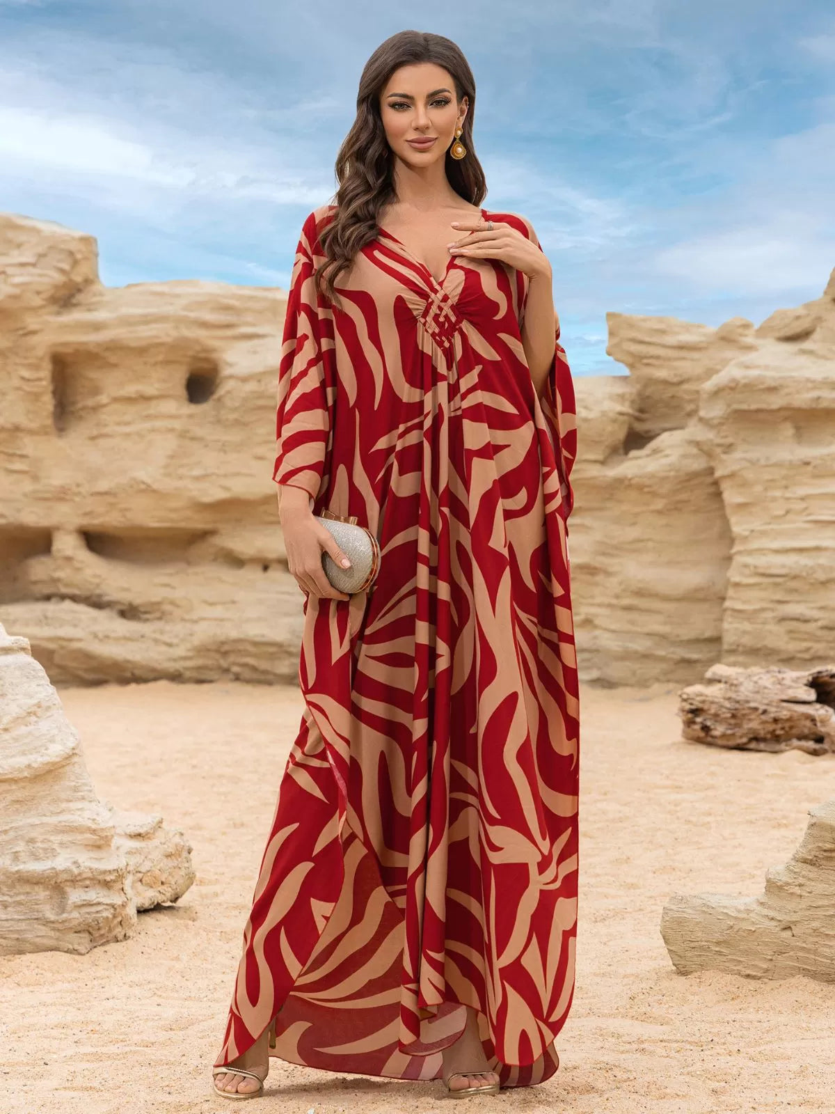 Floral Bohemian Deep V Neck Batwing Kaftan Dress for Beach Vacation Holiday