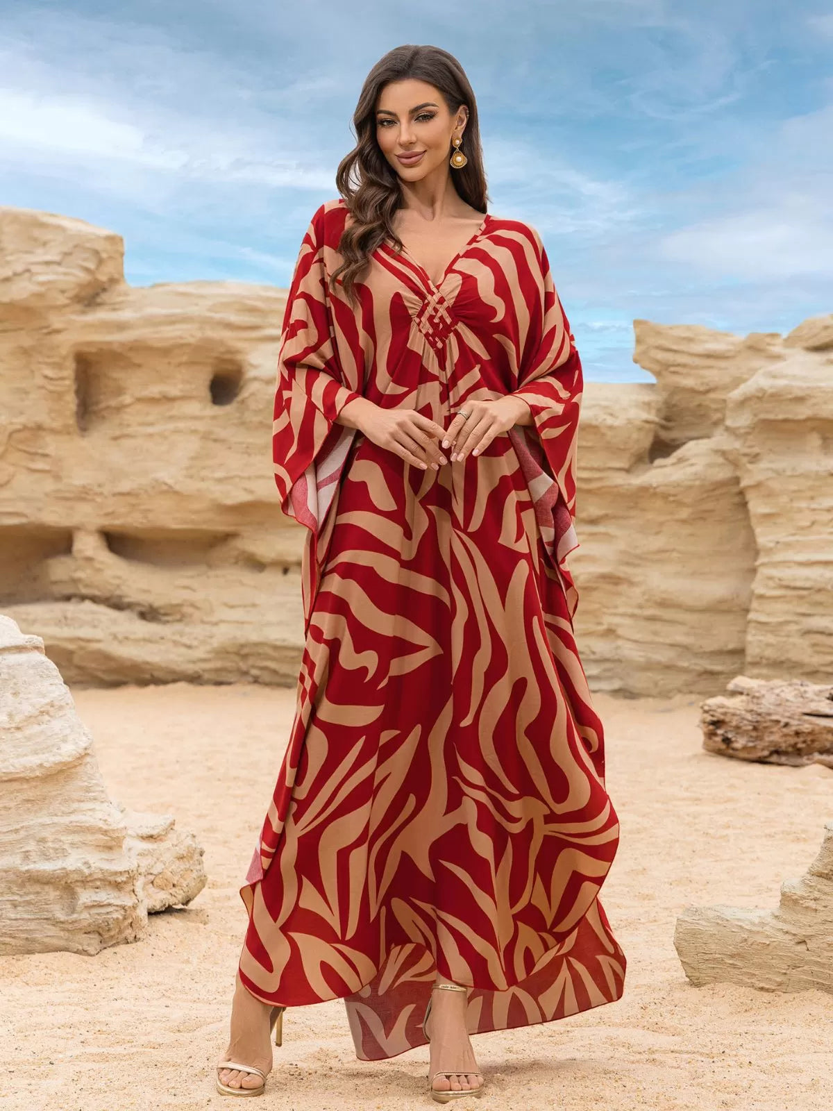 Floral Bohemian Deep V Neck Batwing Kaftan Dress for Beach Vacation Holiday