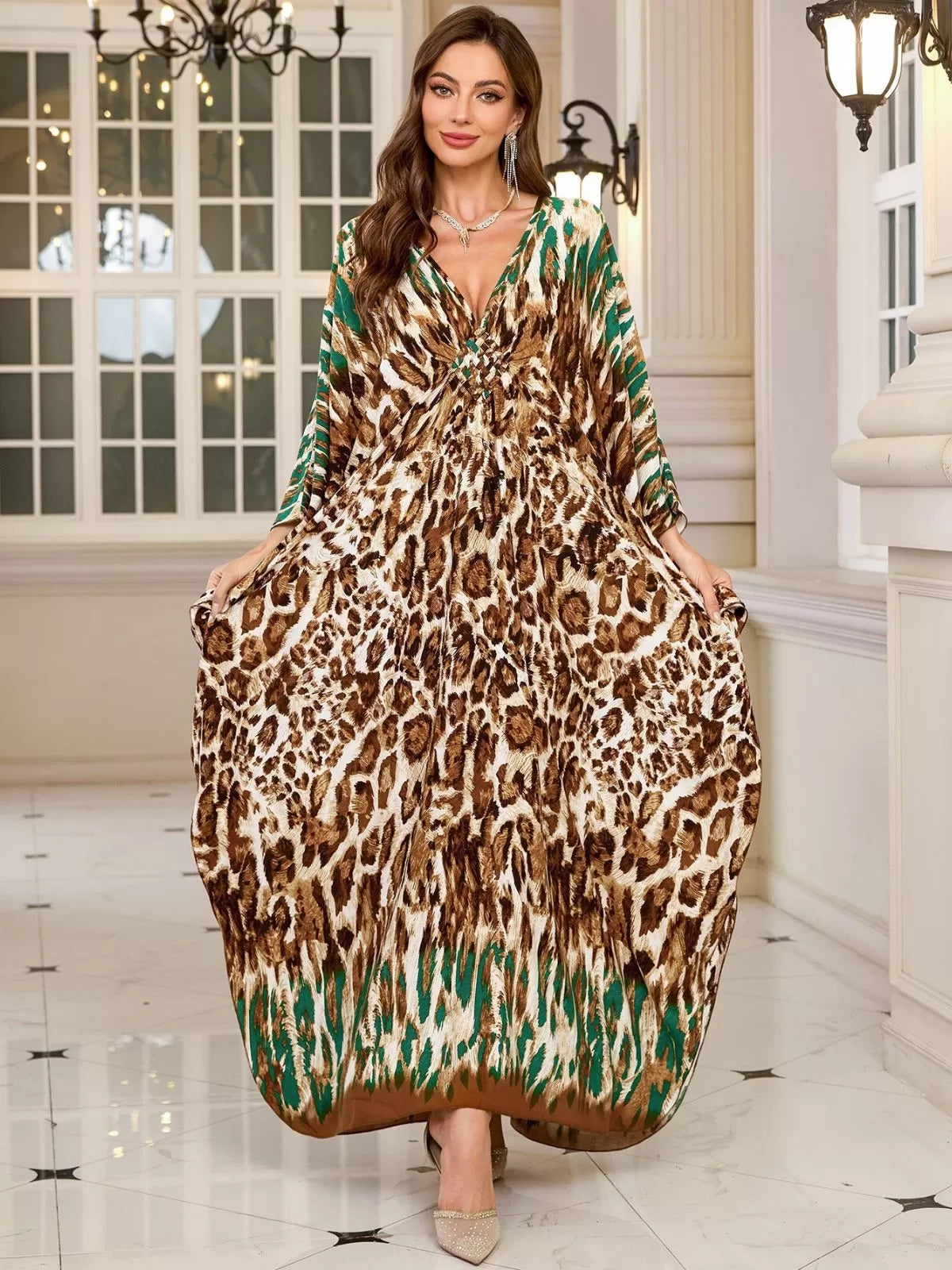 Floral Bohemian Deep V Neck Batwing Kaftan Dress for Beach Vacation Holiday