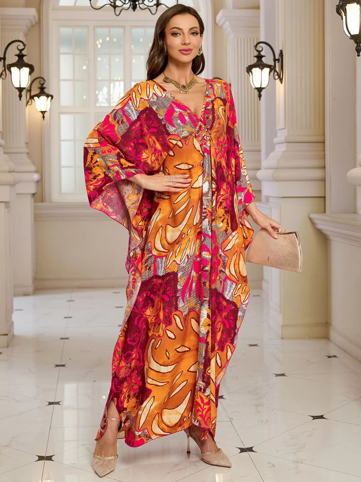 Floral Bohemian Deep V Neck Batwing Kaftan Dress for Beach Vacation Holiday