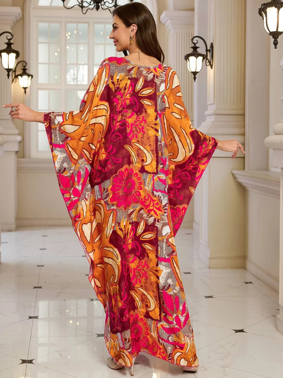 Floral Bohemian Deep V Neck Batwing Kaftan Dress for Beach Vacation Holiday