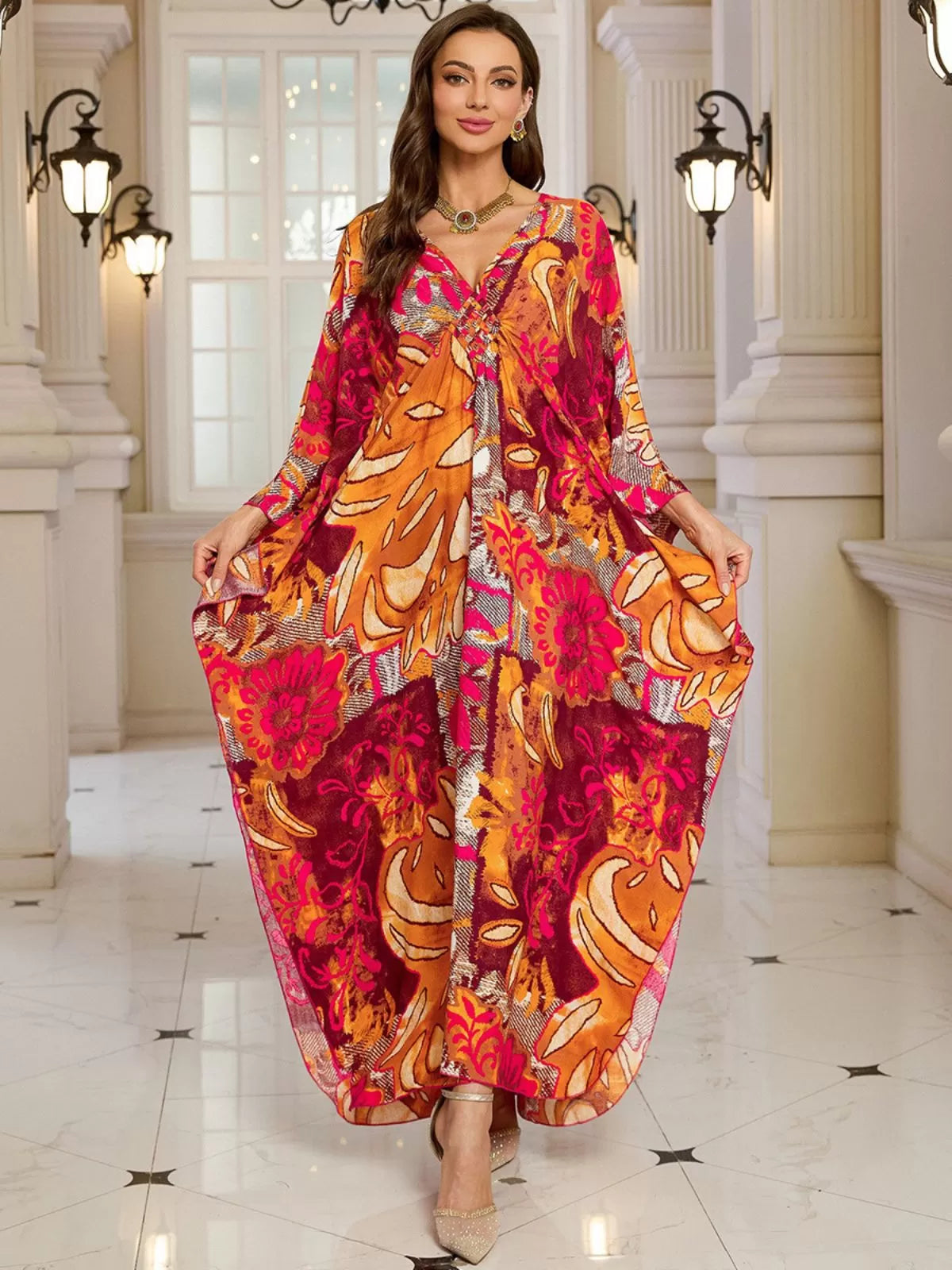 Floral Bohemian Deep V Neck Batwing Kaftan Dress for Beach Vacation Holiday