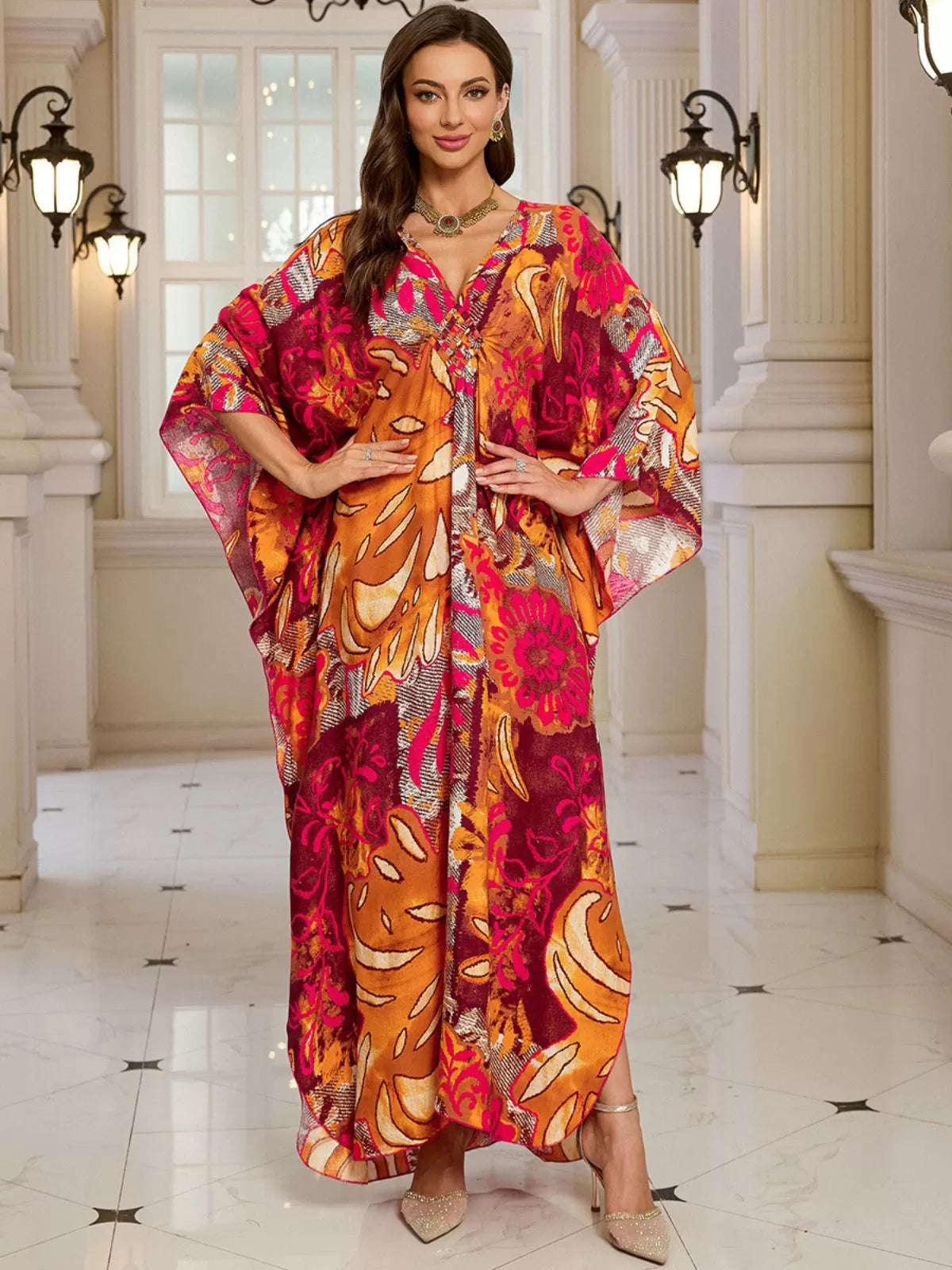 Floral Bohemian Deep V Neck Batwing Kaftan Dress for Beach Vacation Holiday