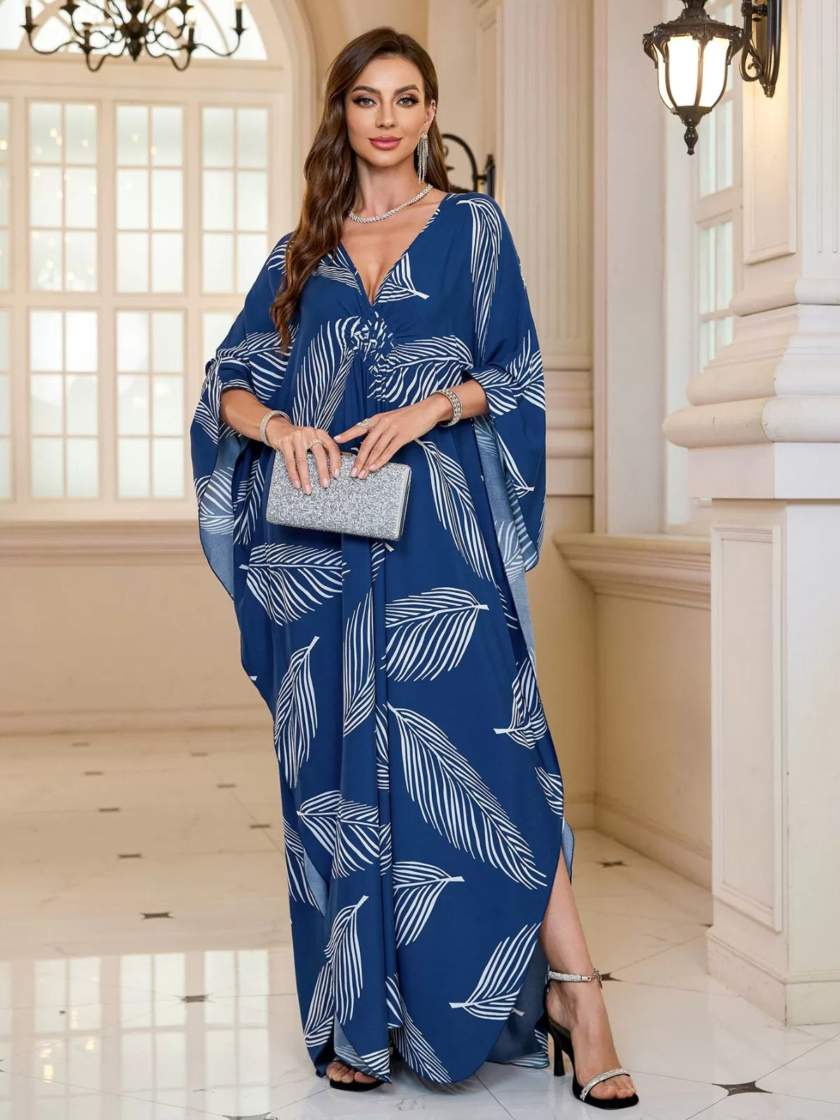 Floral Bohemian Deep V Neck Batwing Kaftan Dress for Beach Vacation Holiday