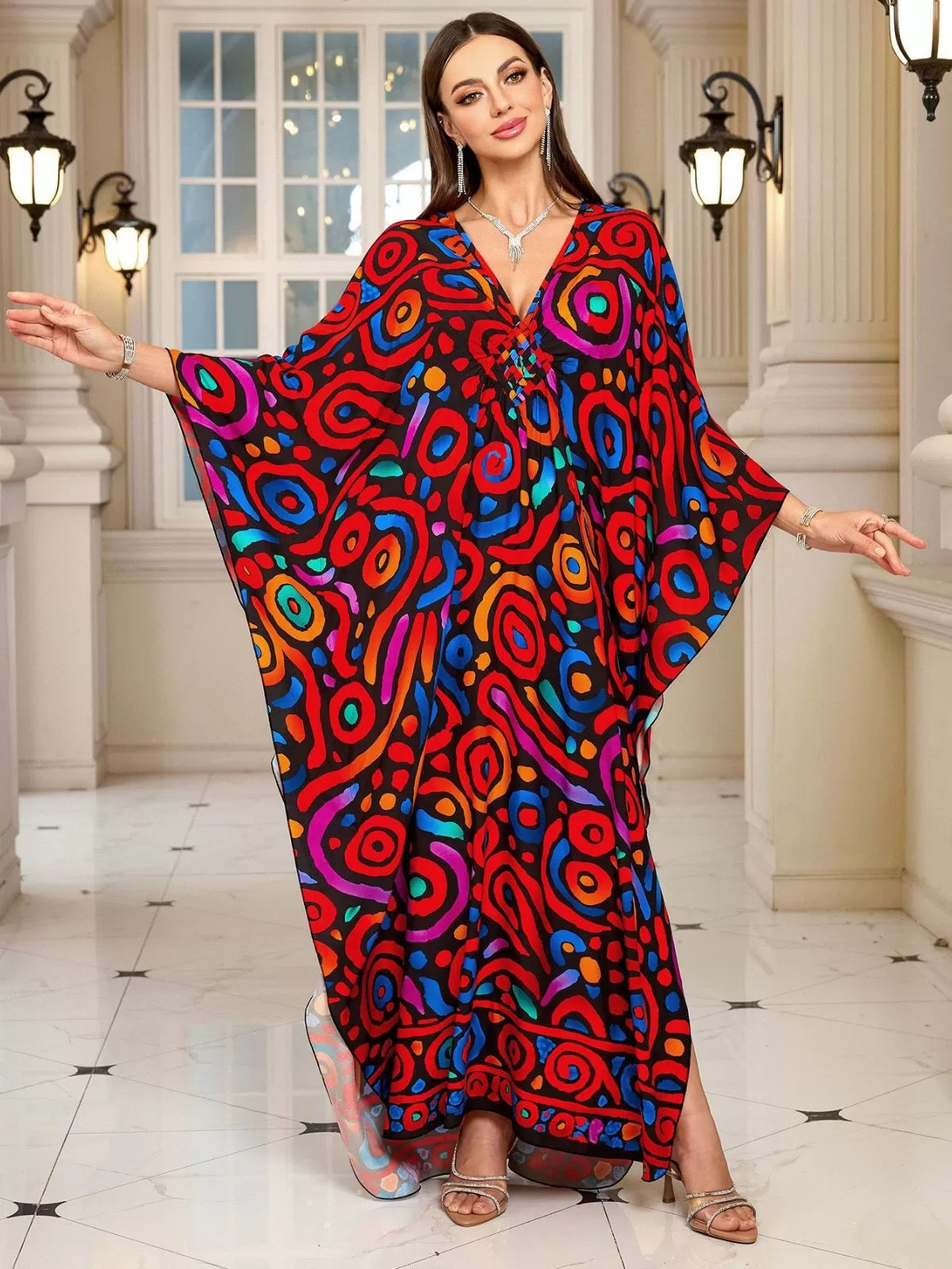 Floral Bohemian Deep V Neck Batwing Kaftan Dress for Beach Vacation Holiday