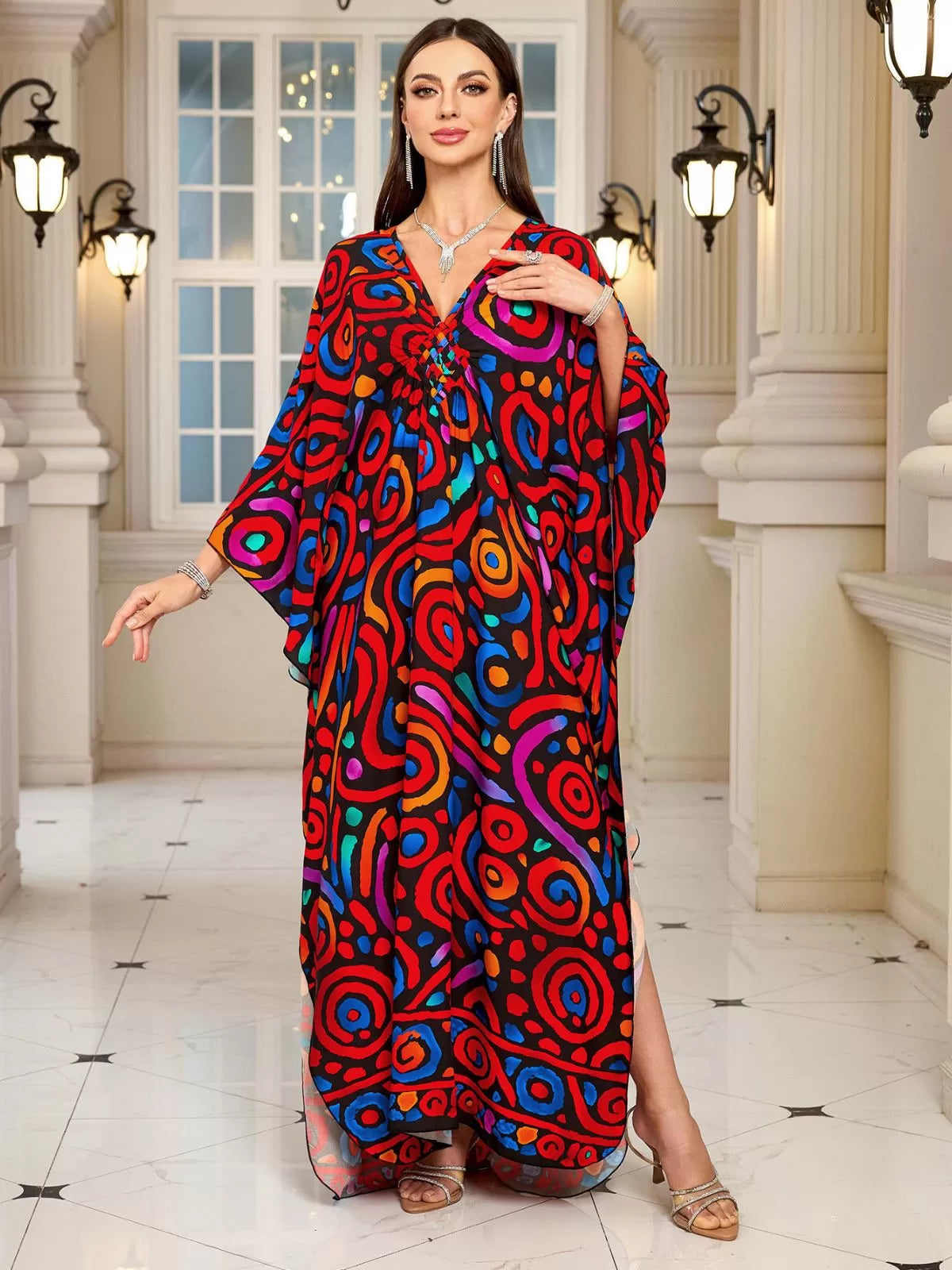 Floral Bohemian Deep V Neck Batwing Kaftan Dress for Beach Vacation Holiday
